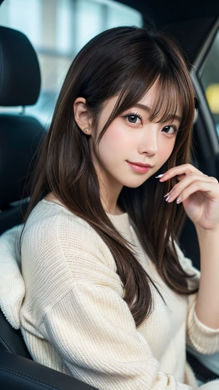 ( top quality , 8K product, masterpiece:1.3,),( Ultra High Definition :1.3,reality:1.4, original photo :1.2),( very well detailed :1.2, GLOSY GLOSY SKIN ,Delicate skin:1.1),( Detailed Color, perfect human body , Caustics), car in the passenger seat,driver, get behind the wheel,driver, one girl's profile, cute, Japanese ,Age 22, Japanese イドー,自然な茶hair, hair, pretty eyes, natural cosmetics ,(), Popular brown winter clothes for young Japanese people ,date,smile, in a Japanese-style room and the focus is on the face ,Extends to the shoulders, Late Nightのラウンジ内 , Late Night、Staring 、 Where a woman like this is kissing a man in a(suit)