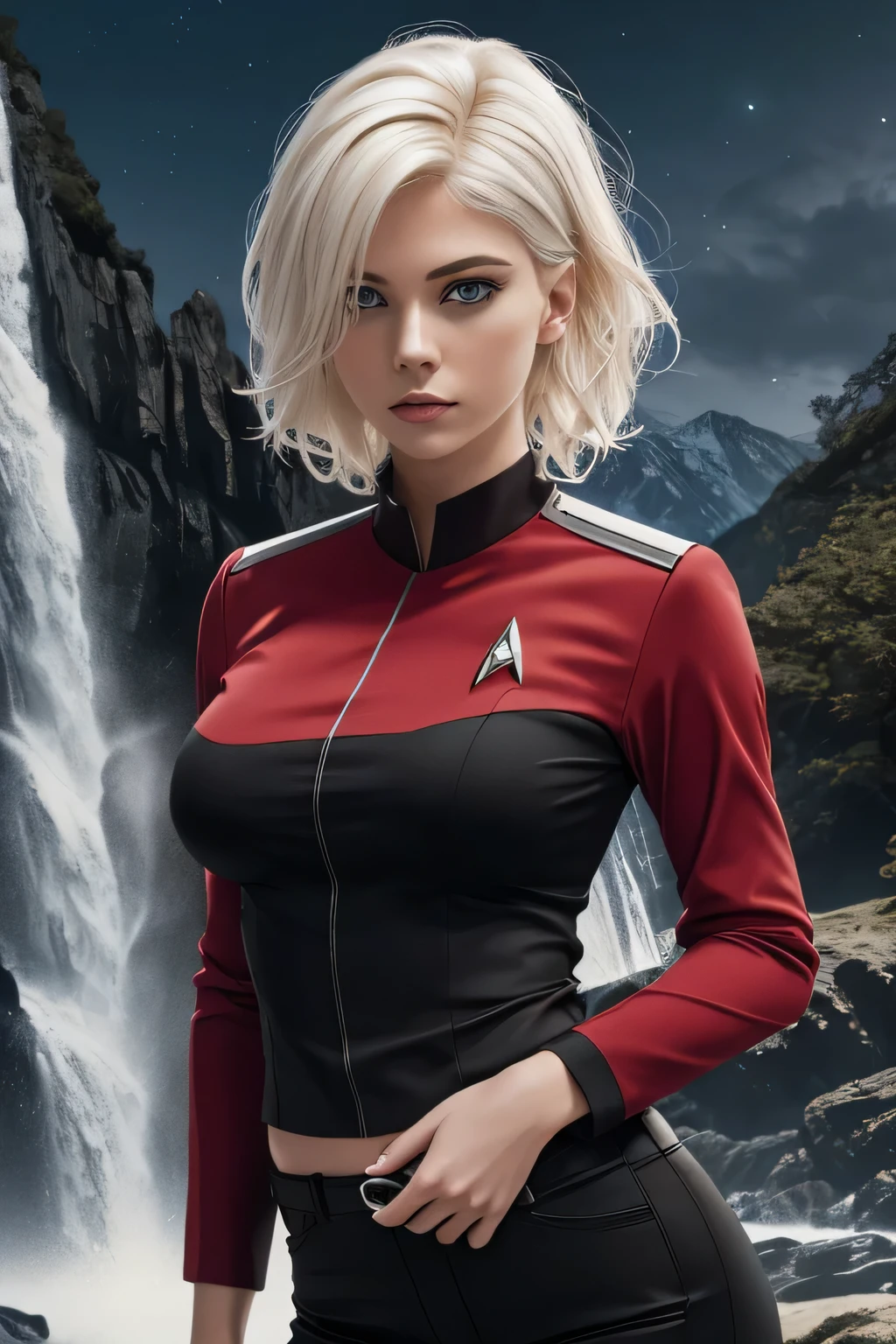 1 girl in, 21, photo of Alexa Bliss, photo of perfect woman, Solo, Aesthetic artwork, (Short platinum blonde hair, unruly hair: 1.25), (blue eyes, clear skin, pale skin, small breasts, B-cup, runners body, very thin waist, skinny, petite, detailed skin texture, (Masterpiece, focus on breasts:1.2), (is wearing a red Starfleet uniform, star trek lower decks cosplay, red uniform, Red Star fleet shirt, black straight slacks, black pants:1.15), starship background, stars, (detailed starfield background:1.1), valley, overlooking waterfall, (extremely detailed 8k wallpaper), evening outdoor lighting, high quality, film grain, Fujifilm XT3 sharp focus, f 5.6, 50mm, High Detail, Sharp focus, (natural light), crazy details, complex details, hyper detailed