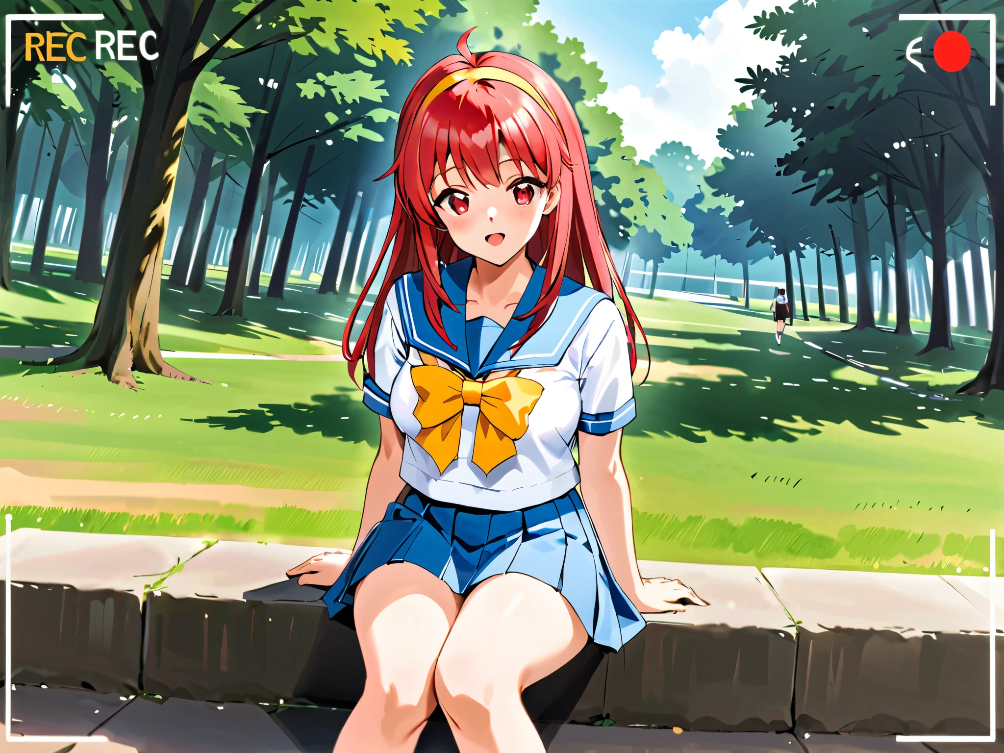ShioriFujisaki,red hair,red eyes,long hair,hair band,yellow hairband, white serafuku,1gail,1boy ,school uniform,blue sailor collar,blue long pleated skirt,yellow bow,shoes,socks,recording,viewfinder,Forest Park,Short sleeve,bangs,blush,eyebrows visible through hair,looking at viewer,open mouth, Sitting on the Park Steps ,low angle,Big Breasts, Panchira, white panties, Gravure Shooting , breasts