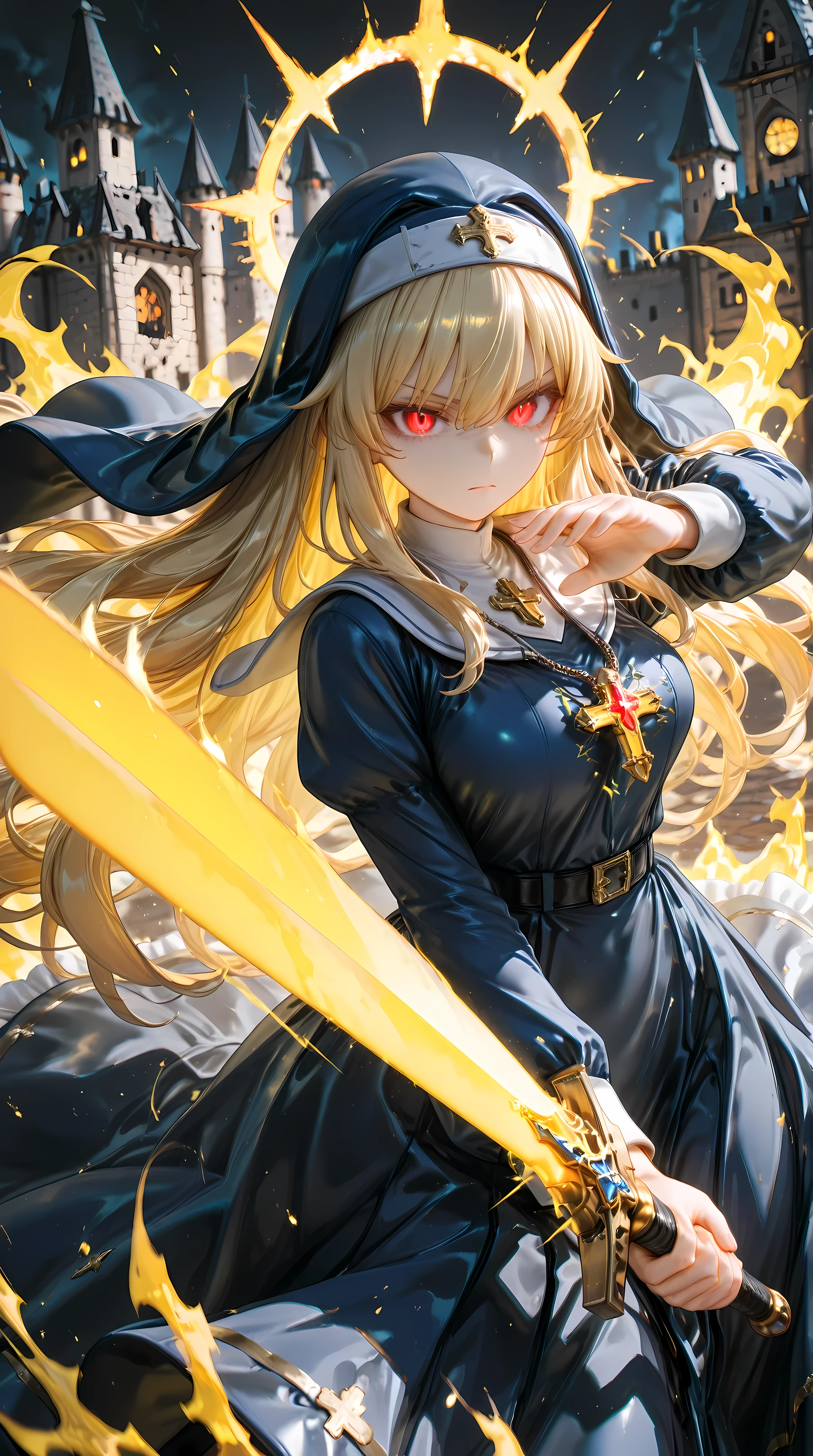 solo, 1girl, aiming a Longsword at viewer, (glowing yellow sword, aura:1.3), fighting stance,
BREAK 1girl, nun, long dress, (navy:1.3) dress, glowing red eyes, long blonde hair, serious,
BREAK night, dark background, castle,
BREAK diffraction spikes, depth of field, dynamic angle, (Luminescent sword effects:1.2), cinematic shadow,
BREAK 3D, (masterpiece, super fine illustration, highly detailed), best quality, expressive eyes, perfect face, perfect weapon,