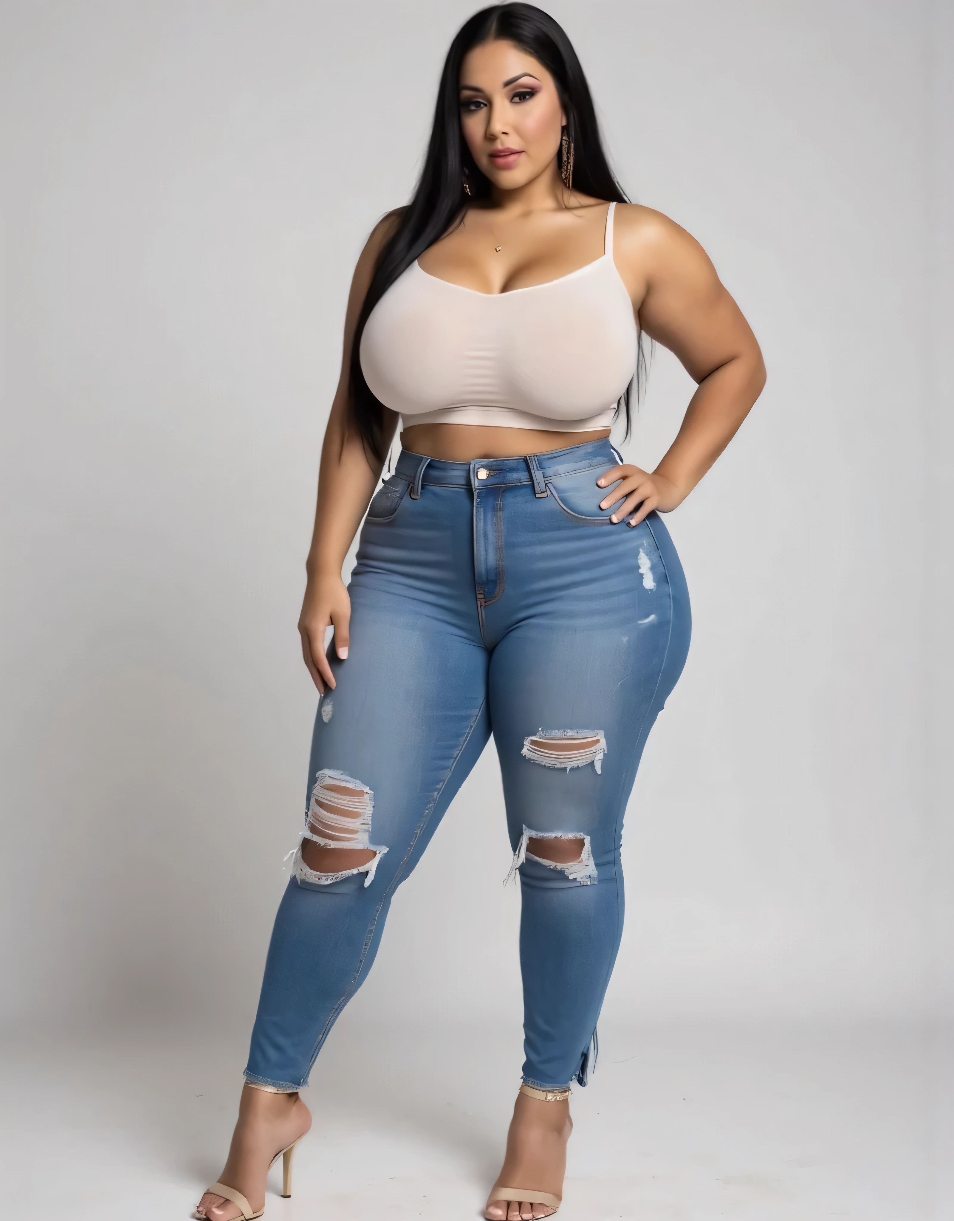 best quality:1.4), (masterpiece:1.4), (8K:1.4), (extremely detailed:1.4), full body, 1girl, plumper girl, plumper legs, plumper body, plumper thighs, gigantic fat_boobies_mini short jeans, crop top, against wall, hightop jays