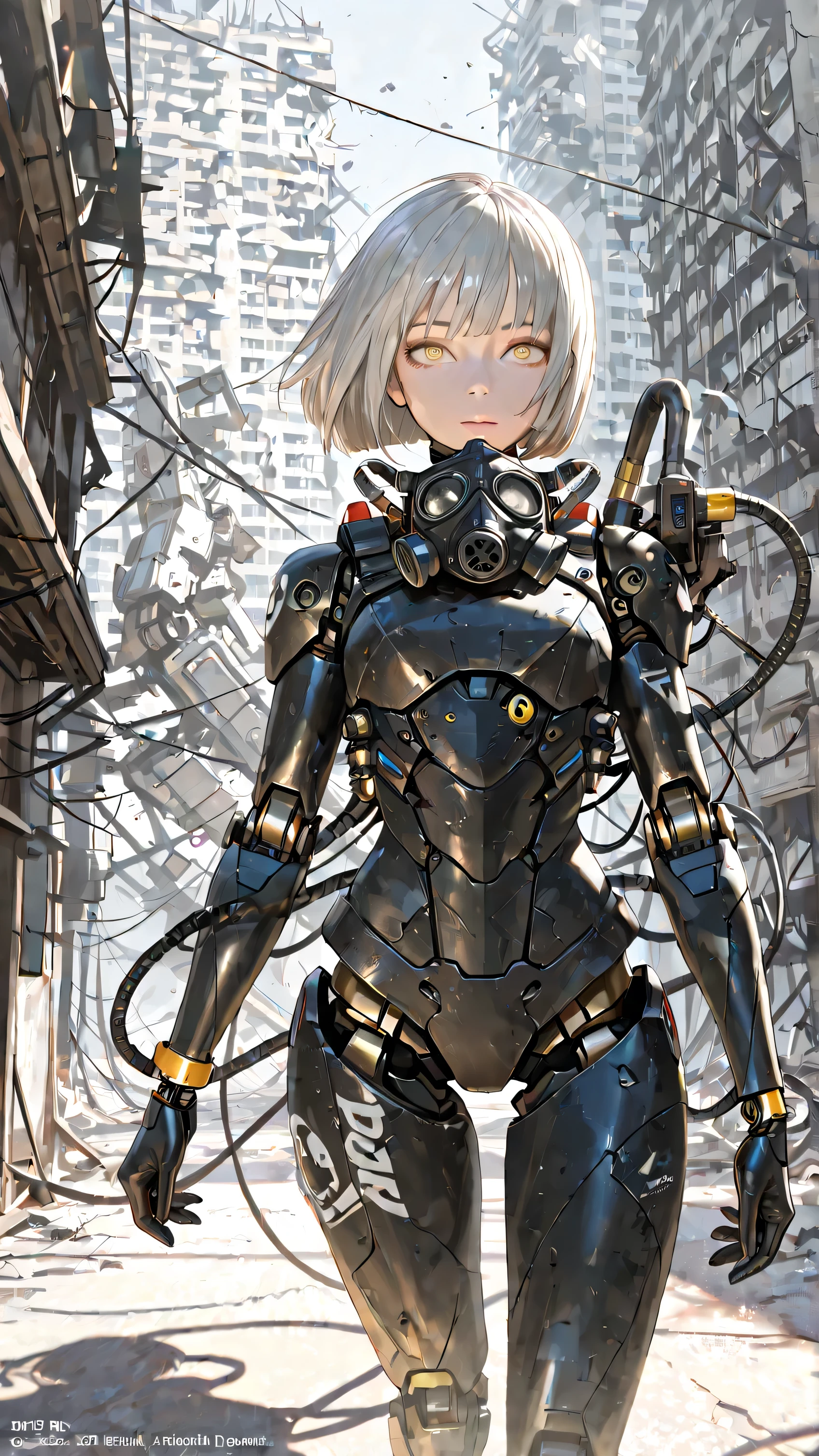 ( masterpiece:1.2,high quality), 1 girl, (( ultra-realistic details )), GLOBAL ILLUMINATION, Shadow, Unreal Engine Carrying Trays, octane rendering, 8k, Ultra Sharp , metal, complicated, Decoration details, highly complicated details, yellow eyes staring at, (Machine:1.2), Gray Hair, ( black gas mask), gear, bob cut , Hundreds of wires , Terran, ( robot , android:1.15), Apocalypse, Boy Looking At Broken Buildings