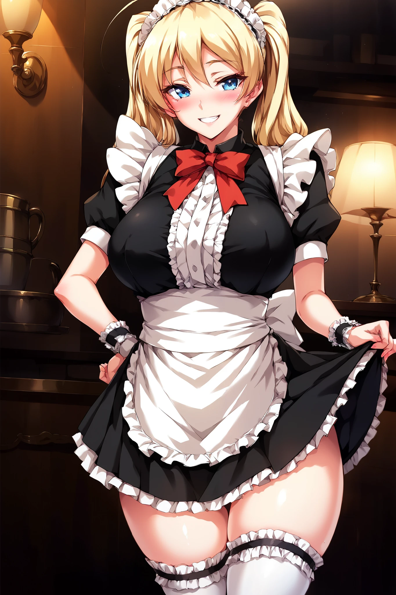 core_9, score_8_up, score_7_up, 1girl, twintails hair, blonde hair, blue eyes, curvy body, maid, blush, smile, mid thigh