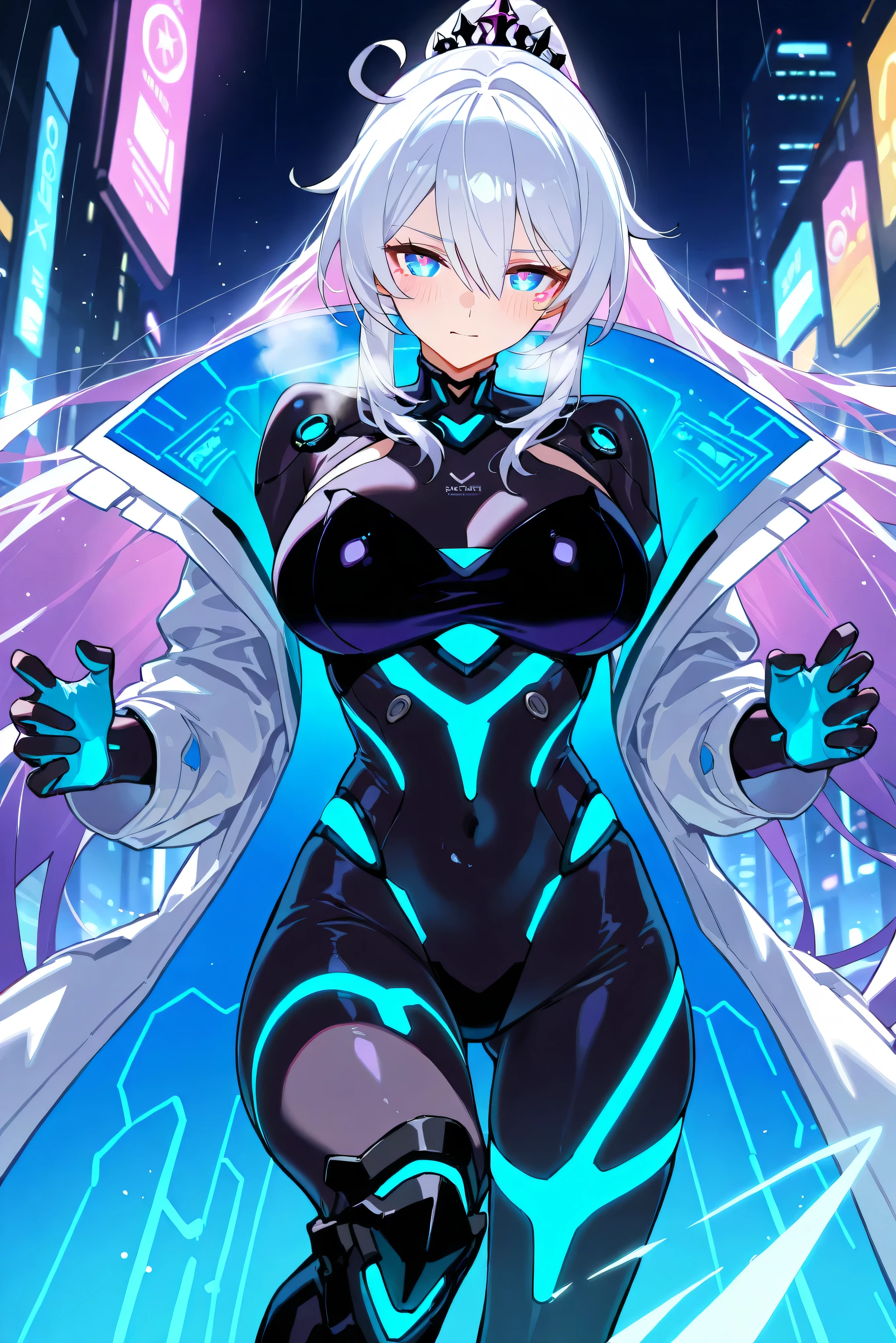 score_9, score_8_up, score_7_up, masterpiece, best quality, very aesthetic, absurdres, tunning image, light particles, attractive image, 1girl, adult grown woman, kiana kaslana \(honkai impact 3rd\), herrscher of finality, white hair, ahego, high ponytail, long hair, blue eyes, blush, heavy breathing, masterpiece,best quality,amazing quality, 5 fingers, alternate costume, An anime character in a cyberpunk-inspired outfit, wearing a long transparent holographic coat reflecting the neon glow of the city. Underneath, they wear a sleek black bodysuit with pulsating blue neon lines tracing their form. Embedded in their arm, a mysterious cybernetic device glows with shifting digital symbols, hinting at hidden abilities. Their high-tech boots emit a faint luminescence, leaving glowing imprints on the rain-soaked streets. Surrounding them, the urban landscape is alive with rain-reflected holographic ads, and in the shadows, a swirling network of digital data pulses like a living entity, connecting them to a secret world beyond sight.