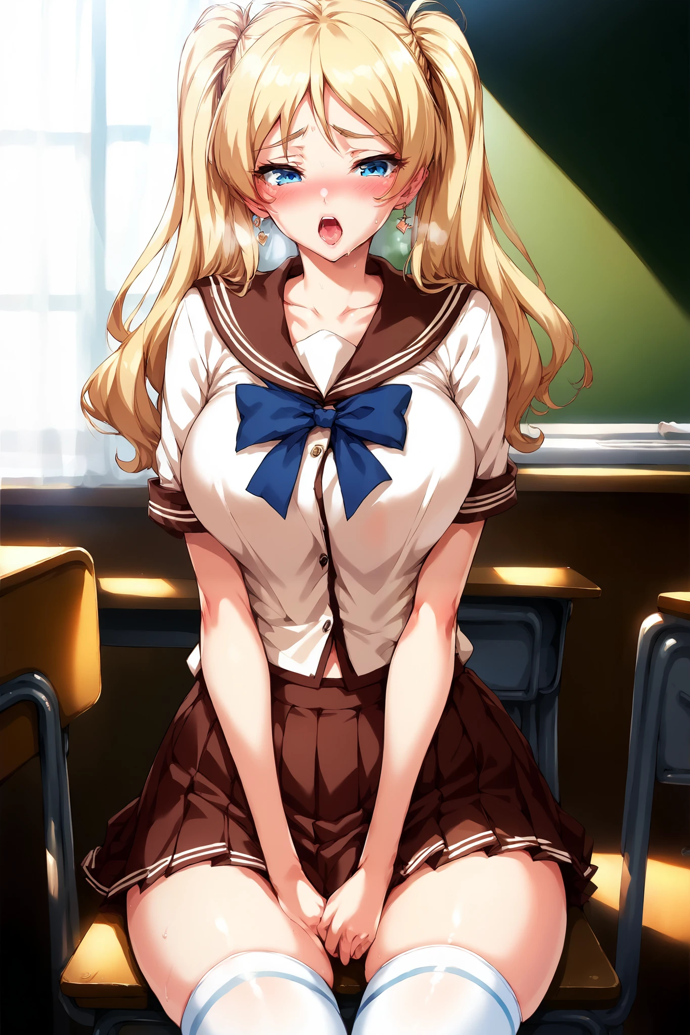 score_9, score_8_up, score_7_up, 1girl, twintails hair, blonde hair, blue eyes, curtained, curvy body, sailor style, pleated skirt, classroom, blush, moan, horny, slutty, solo, good anatomy, thigh high sock