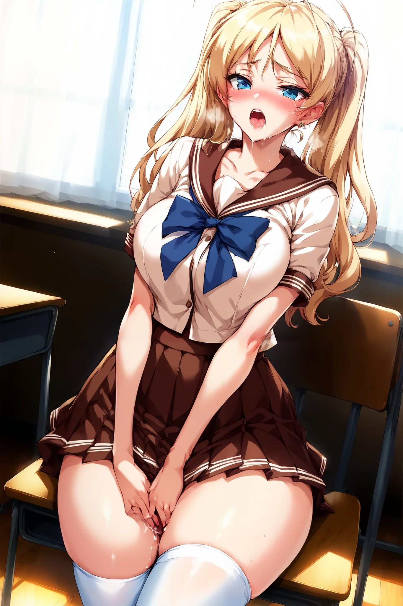 highest quality, masterpiece, High resolution, 1 girl,  (murasame　Change two things　Fleet Collection:1.15), long hair, blonde, red eyes, ribbon, smile, black sailor suit, pleated skirt, classroom background, slender body, full body figure, skirt lift, squat, (flashy underwear), ,((NSFW)),spread legs, legs up