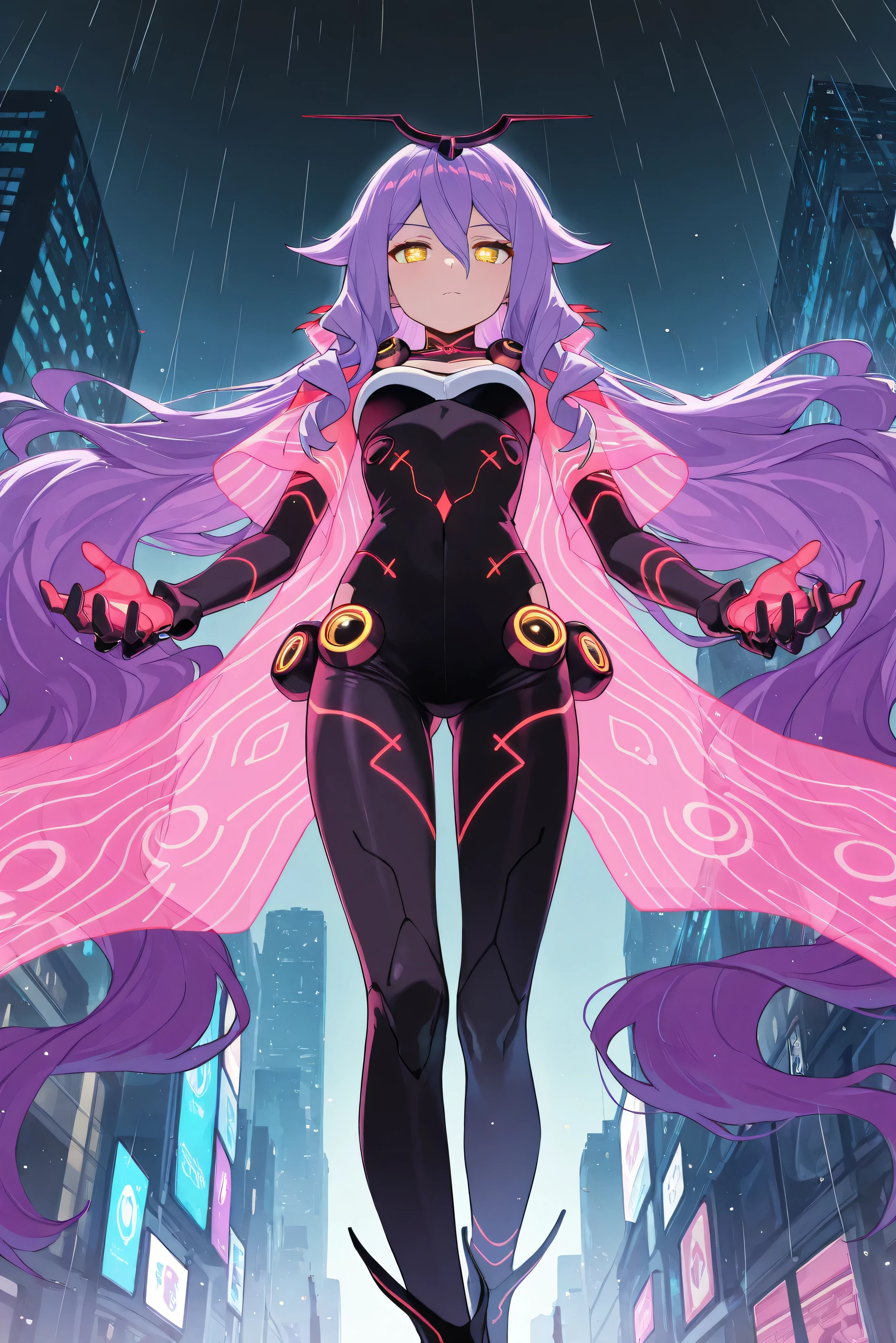 score_9, score_8_up, score_7_up, masterpiece, best quality, very aesthetic, absurdres, tunning image, light particles, attractive image, solo, 1girl, Sirin, long hair, purple hair, yellow eyes, x-shaped pupils, diamond-shaped pupils, masterpiece,best quality,amazing quality, 5 fingers, alternate costume, An anime character in a cyberpunk-inspired outfit, wearing a long transparent holographic coat reflecting the neon glow of the city. Underneath, they wear a sleek black bodysuit with pulsating blue neon lines tracing their form. Embedded in their arm, a mysterious cybernetic device glows with shifting digital symbols, hinting at hidden abilities. Their high-tech boots emit a faint luminescence, leaving glowing imprints on the rain-soaked streets. Surrounding them, the urban landscape is alive with rain-reflected holographic ads, and in the shadows, a swirling network of digital data pulses like a living entity, connecting them to a secret world beyond sight.