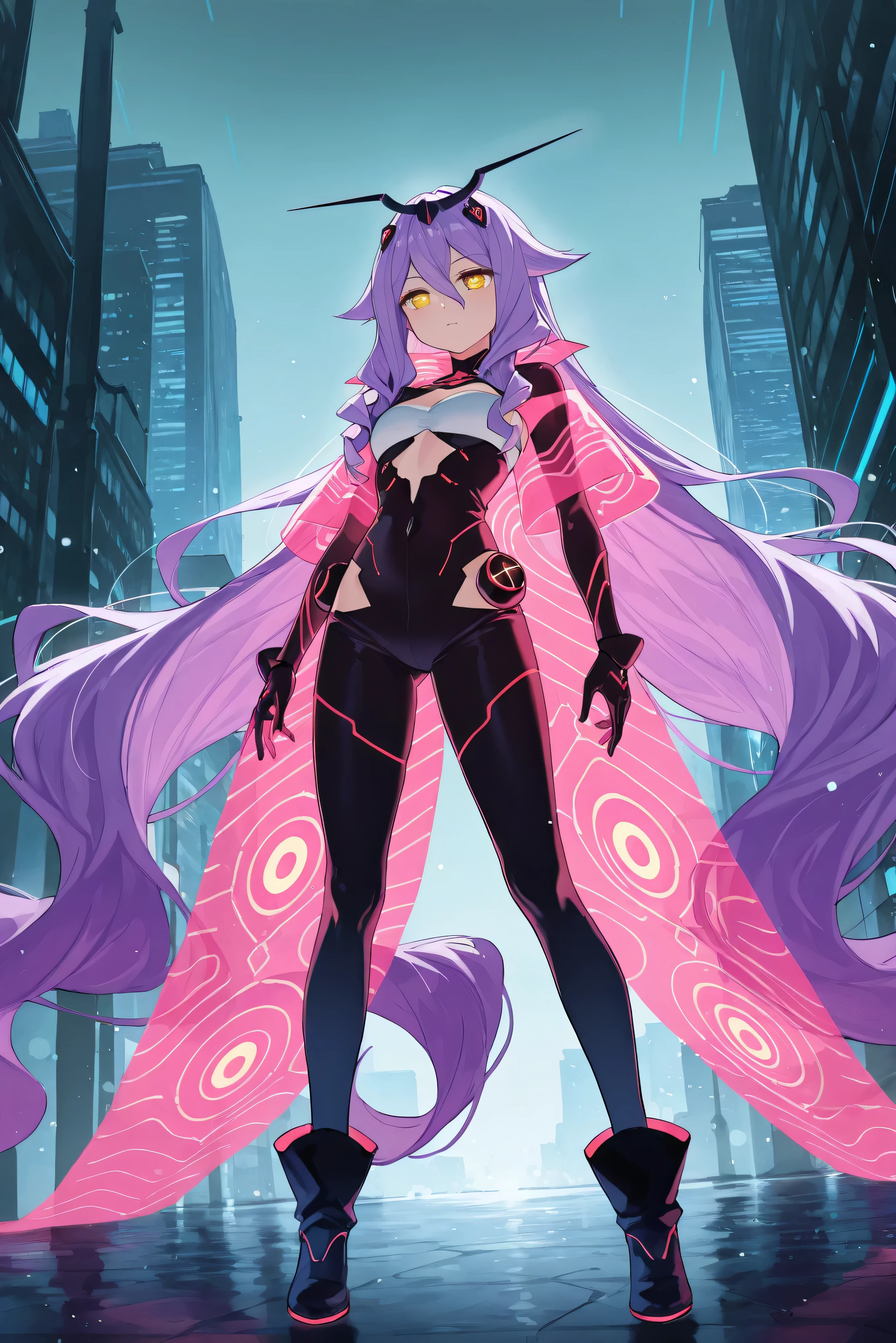 score_9, score_8_up, score_7_up, masterpiece, best quality, very aesthetic, absurdres, tunning image, light particles, attractive image, solo, 1girl, Sirin, long hair, purple hair, yellow eyes, x-shaped pupils, diamond-shaped pupils, masterpiece,best quality,amazing quality, 5 fingers, alternate costume, An anime character in a cyberpunk-inspired outfit, wearing a long transparent holographic coat reflecting the neon glow of the city. Underneath, they wear a sleek black bodysuit with pulsating blue neon lines tracing their form. Embedded in their arm, a mysterious cybernetic device glows with shifting digital symbols, hinting at hidden abilities. Their high-tech boots emit a faint luminescence, leaving glowing imprints on the rain-soaked streets. Surrounding them, the urban landscape is alive with rain-reflected holographic ads, and in the shadows, a swirling network of digital data pulses like a living entity, connecting them to a secret world beyond sight.