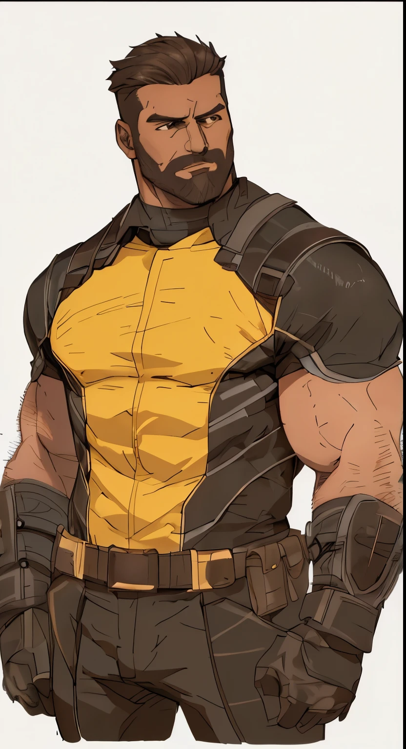 close up 1man in, bearded, Solo, black skin, tanned skin, brown skin, latino, brown hair, messy brown hair, short hair, dark eyes, taned skin, heavy set, big boned, strong, thick body, bara, manicured beard, detailed skin, neutral face, 4k textures, soft light, elegant, highly detailed, sharp focus, soothing tones, insane details, intricate details, hyperdetailed, low contrast, exposure blend, hdr, faded