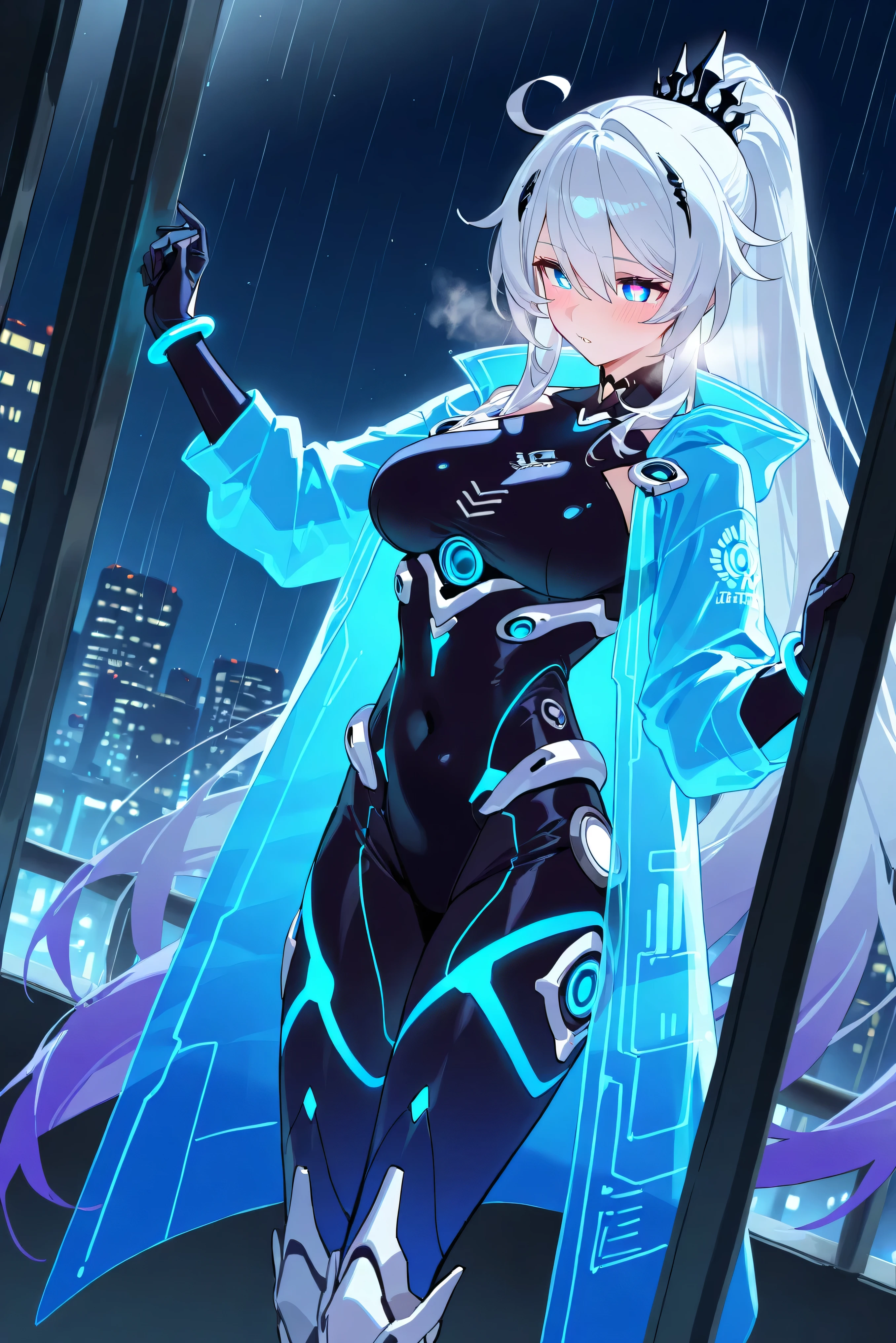 score_9, score_8_up, score_7_up, masterpiece, best quality, very aesthetic, absurdres, tunning image, light particles, attractive image, 1girl, adult grown woman, kiana kaslana \(honkai impact 3rd\), herrscher of finality, white hair, ahego, high ponytail, long hair, blue eyes, symbol-shaped pupils, blush, heavy breathing, masterpiece,best quality,amazing quality, 5 fingers, alternate costume, An anime character in a cyberpunk-inspired outfit, wearing a long transparent holographic coat reflecting the neon glow of the city. Underneath, they wear a sleek black bodysuit with pulsating blue neon lines tracing their form. Embedded in their arm, a mysterious cybernetic device glows with shifting digital symbols, hinting at hidden abilities. Their high-tech boots emit a faint luminescence, leaving glowing imprints on the rain-soaked streets. Surrounding them, the urban landscape is alive with rain-reflected holographic ads, and in the shadows, a swirling network of digital data pulses like a living entity, connecting them to a secret world beyond sight.