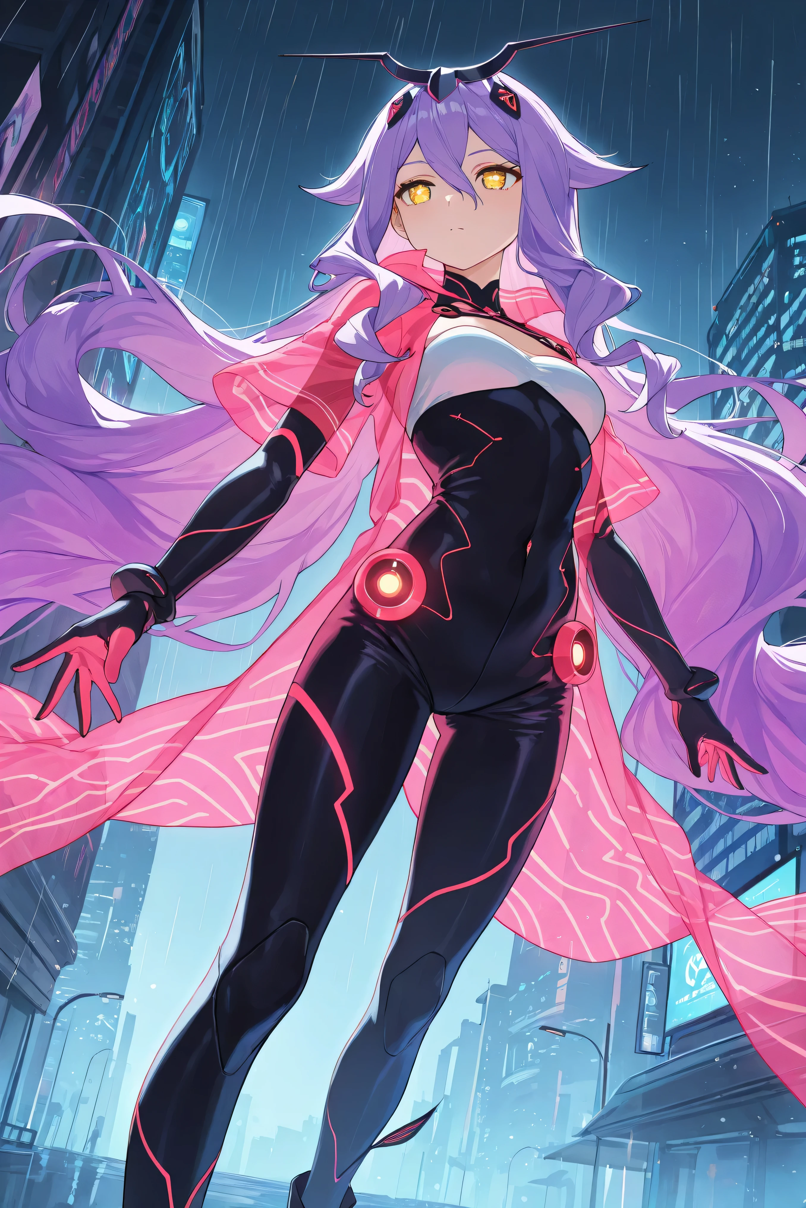 score_9, score_8_up, score_7_up, masterpiece, best quality, very aesthetic, absurdres, tunning image, light particles, attractive image, solo, 1girl, Sirin, long hair, purple hair, yellow eyes, x-shaped pupils, diamond-shaped pupils, masterpiece,best quality,amazing quality, 5 fingers, alternate costume, An anime character in a cyberpunk-inspired outfit, wearing a long transparent holographic coat reflecting the neon glow of the city. Underneath, they wear a sleek black bodysuit with pulsating blue neon lines tracing their form. Embedded in their arm, a mysterious cybernetic device glows with shifting digital symbols, hinting at hidden abilities. Their high-tech boots emit a faint luminescence, leaving glowing imprints on the rain-soaked streets. Surrounding them, the urban landscape is alive with rain-reflected holographic ads, and in the shadows, a swirling network of digital data pulses like a living entity, connecting them to a secret world beyond sight.