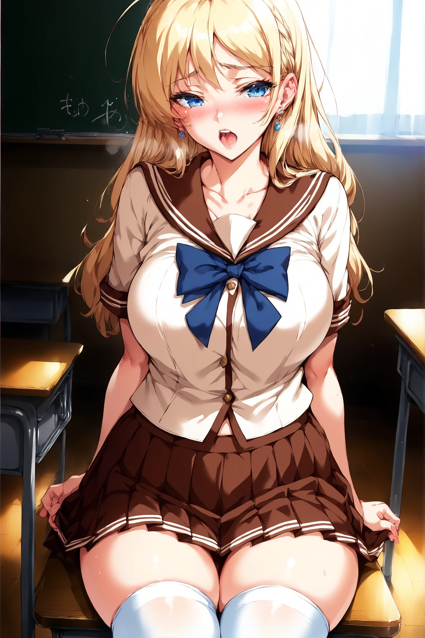 score_9, score_8_up, score_7_up, 1girl, long staright hair, blonde hair, blue eyes, curtained, curvy body, sailor style, pleated skirt, classroom, blush, moan, horny, slutty, solo, good anatomy, thigh high sock