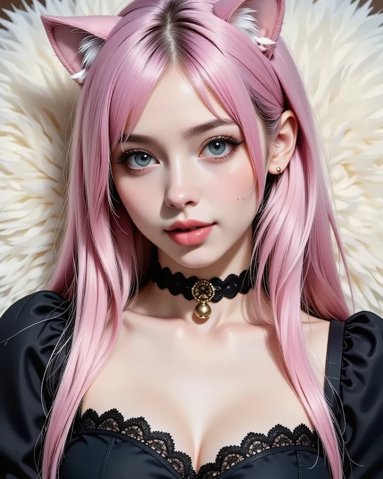 beautiful Kitsune girl wearing black dress, she has waist length pink hair, pink kitsune cat ear, pale white skin, beautiful flirting eyes, high nose, slim face,v-line chin, black high neck dress, neck wearing a necklace, city background, close face image