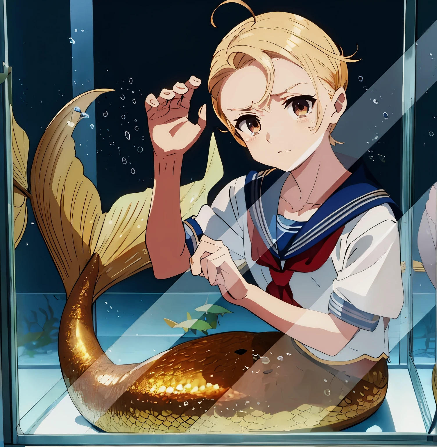 hands on glass,mermaid,Aquarium,blond hair, unkempt hair above right eye,forehead, sailor suit,Aquarium,anger,tears