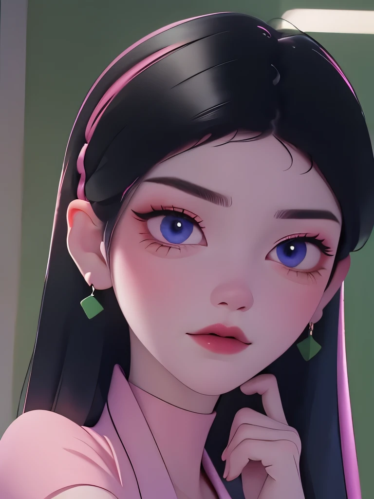 (best quality:1.4),(shiny skin), body focus, (cute face), (((best quality))), illustration, ((Beautiful Finger)), , Beautiful body, Beautiful character design, ,perfect lighting, Colorful, Bright_Front_face_Lighting, ultra high res, highres, absurdres:1.2, bokeh:1.2, lens flare, (vibrant_color:1.2), (Beautiful, medium breasts:1.2), (thick thighs:1.1), THICK,
holding green folder or book, small nose, long black hair with pink hair clip, purple shirt, looking sideways, pink blush on cheeks, large blue eyes, white left eye with black pupil visible