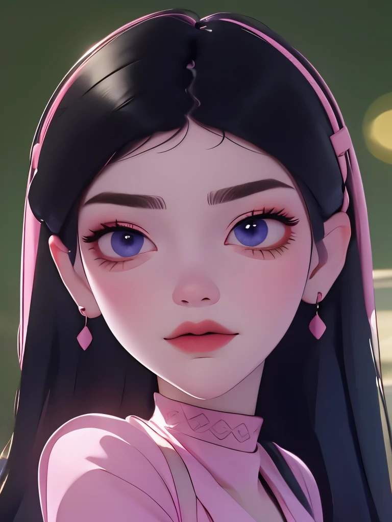 (best quality:1.4),(shiny skin), body focus, (cute face), (((best quality))), illustration, ((Beautiful Finger)), , Beautiful body, Beautiful character design, ,perfect lighting, Colorful, Bright_Front_face_Lighting, ultra high res, highres, absurdres:1.2, bokeh:1.2, lens flare, (vibrant_color:1.2), (Beautiful, medium breasts:1.2), (thick thighs:1.1), THICK,
holding green folder or book, small nose, long black hair with pink hair clip, purple shirt, looking sideways, pink blush on cheeks, large blue eyes, white left eye with black pupil visible