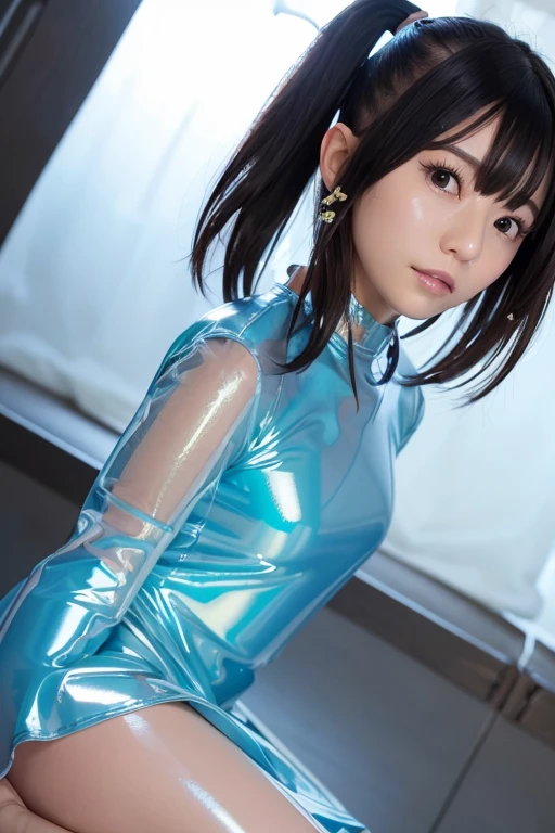 8K、premium, 超High resolution, portrait of a full body, extraordinary beauty, beautiful and delicate face, big and beautiful eyes, and exciting underwear, very detailed background, Very realistic skin,、translucent、(camel toe)、((Amalfi Coast))、see through、((very translucent competition swimsuit))、oriental features、(not good)、((No panties))、shaved off、Skin seen through fabric.、Small and bold、blue eye、(bright blue eyes)、(Seductive posture with open legs.)、16 only、Beautiful side of slippery.、Aura with a sensation of transparency.、Perfect style、Competitive swimsuit with very fine fabric.、((Hair with colored mesh.:1.2))、(Colorful colored hair:1.3)、cute little、((Very small transparent swimsuit))、detailed finger details