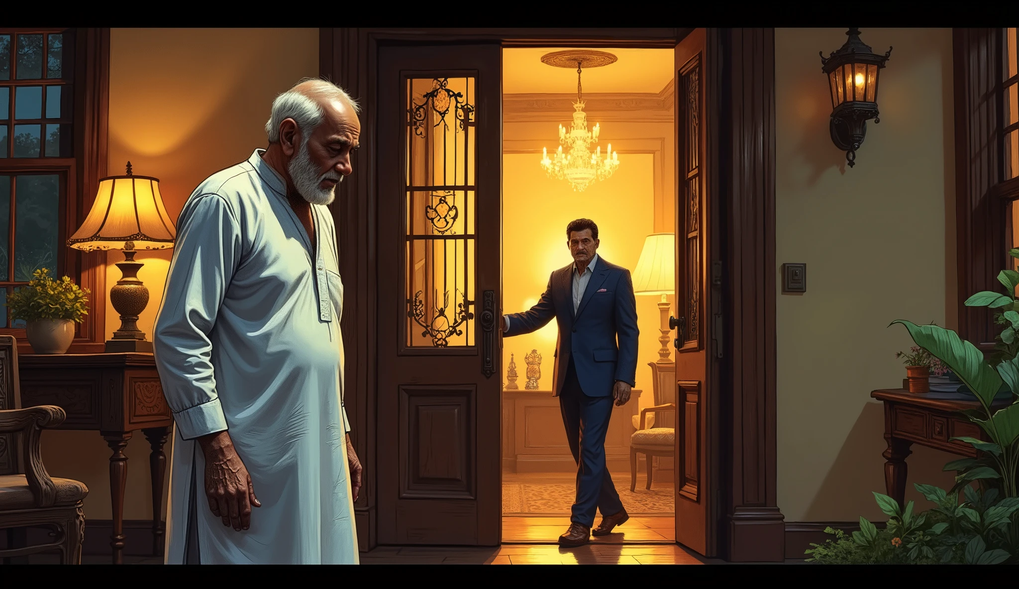 "A powerful cinematic artwork illustration of Ramprasad, a frail elderly Indian man in his late 60s, standing heartbroken at the entrance of Arjun’s luxurious mansion. He wears a simple white kurta-pajama, his wrinkled hands trembling. Arjun, now cold and distant, stands in the doorway wearing a modern blue suit, aggressively pointing outward, demanding his father to leave. The high-contrast lighting and shadows intensify the heartbreak, with golden interior lights behind Arjun and the cold evening air surrounding Ramprasad."