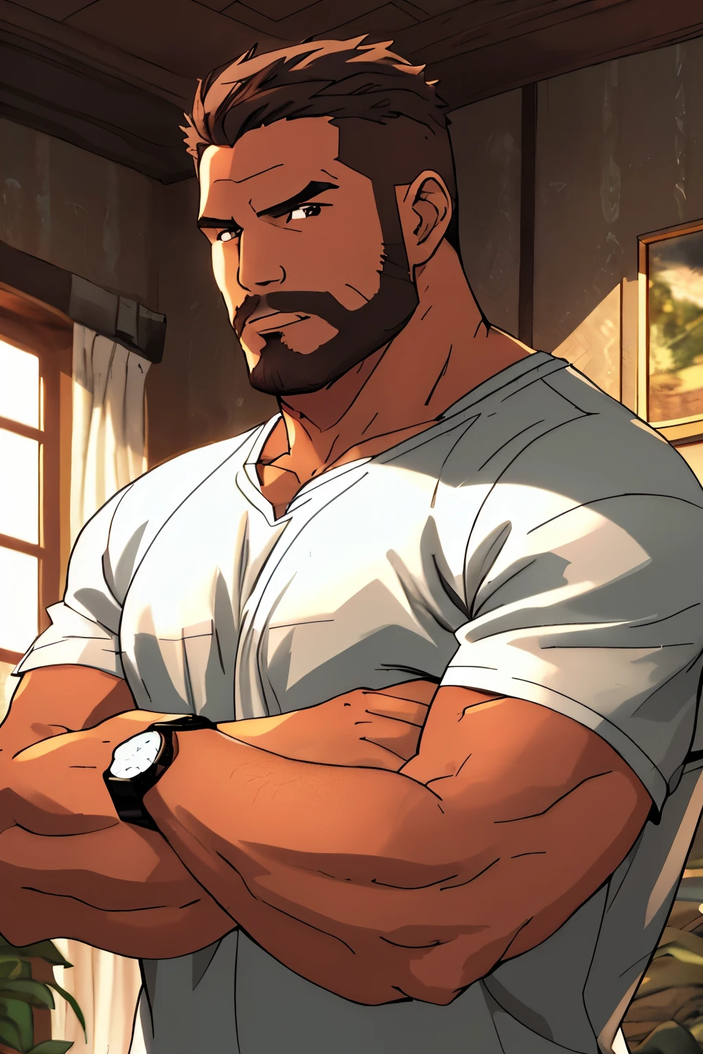close up 1man in, bearded, Solo, black skin, tanned skin, brown skin, latino, brown hair, messy brown hair, short hair, dark eyes,  taned skin, heavy set, big boned, strong, thick body, bara, manicured beard, detailed skin, neutral face, (wearing t-shirt, watch, 1.1), (crossing arms: 1.22), (detailed living room background:1.1), chilling, 4k textures, soft light, elegant, highly detailed, sharp focus, soothing tones, insane details, intricate details, hyperdetailed, low contrast, exposure blend, hdr, faded