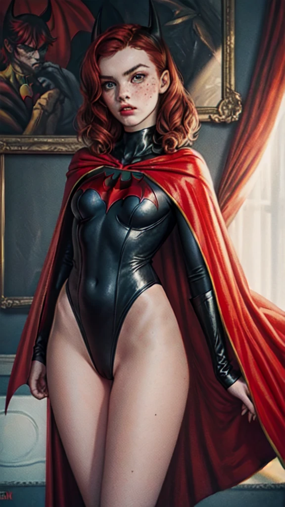 une femme de 25 ans, rousse, sexy, romantic smile, HD, 8k, masterpiece, a lot of details, catwoman cosplay, sexy, lingerie, cape, catwoman mask