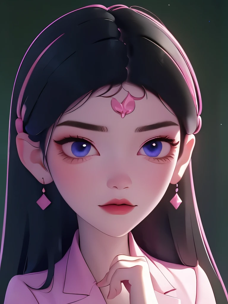 (best quality:1.4),(shiny skin), body focus, (cute face), (((best quality))), illustration, ((Beautiful Finger)), , Beautiful body, Beautiful character design, ,perfect lighting, Colorful, Bright_Front_face_Lighting, ultra high res, highres, absurdres:1.2, bokeh:1.2, lens flare, (vibrant_color:1.2), (Beautiful, medium breasts:1.2), (thick thighs:1.1), THICK,
holding green folder or book, small nose, long black hair with pink hair clip, purple shirt, looking sideways, pink blush on cheeks, large blue eyes, white left eye with black pupil visible