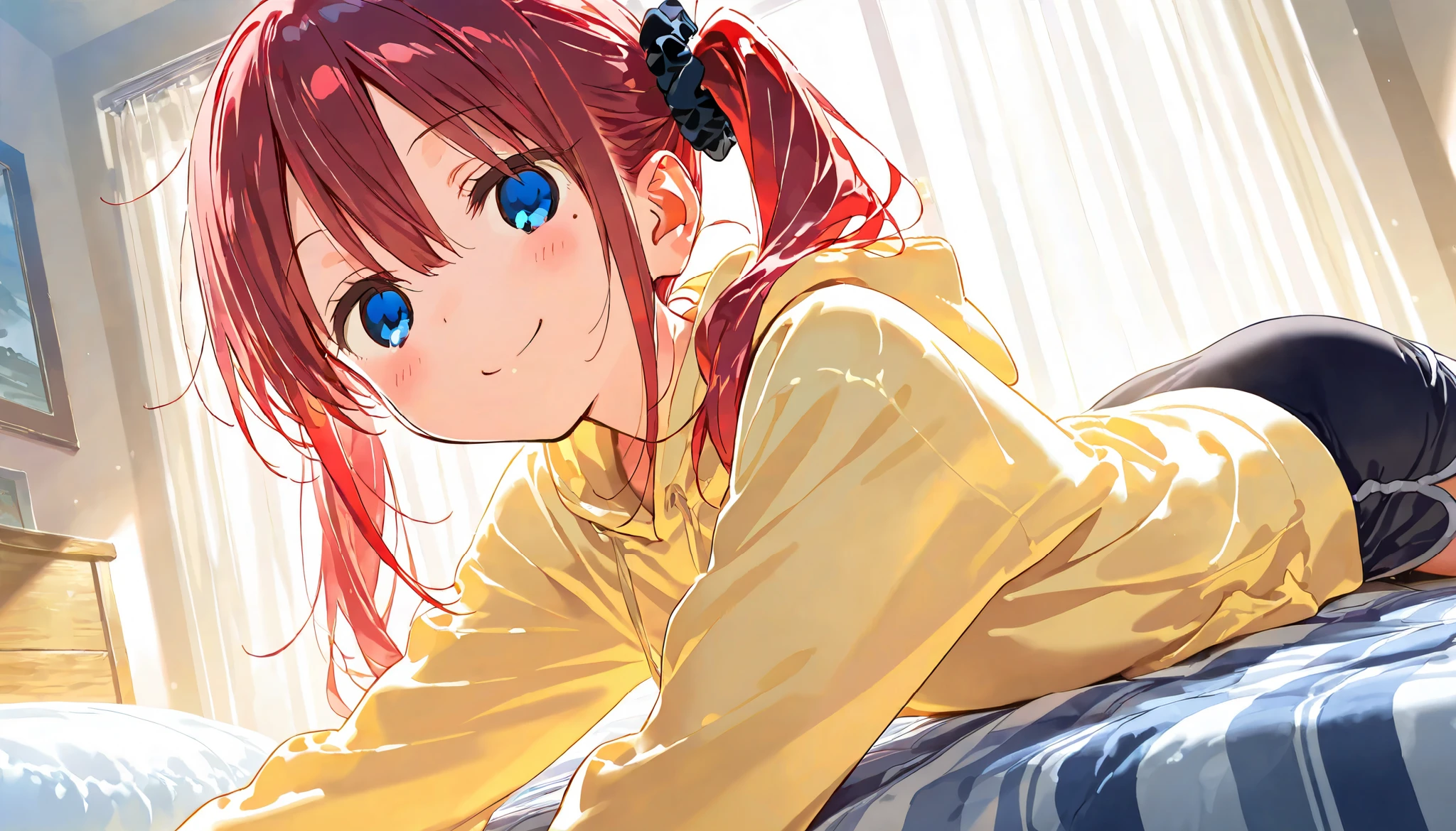 masterpiece , best quality, 1girl, medium length and tied into twin pigtails on both sides, round eyes, black scrunchie, bangs,hair between eyes, red hair, blue eyes eyes, mole under left eye, -yeld, hie, looking at viewer, smiling, in the room, hyper detailed, anime, (hard-edged:1.4), golden ratio, highly saturated colors, dynamic pose, upper body