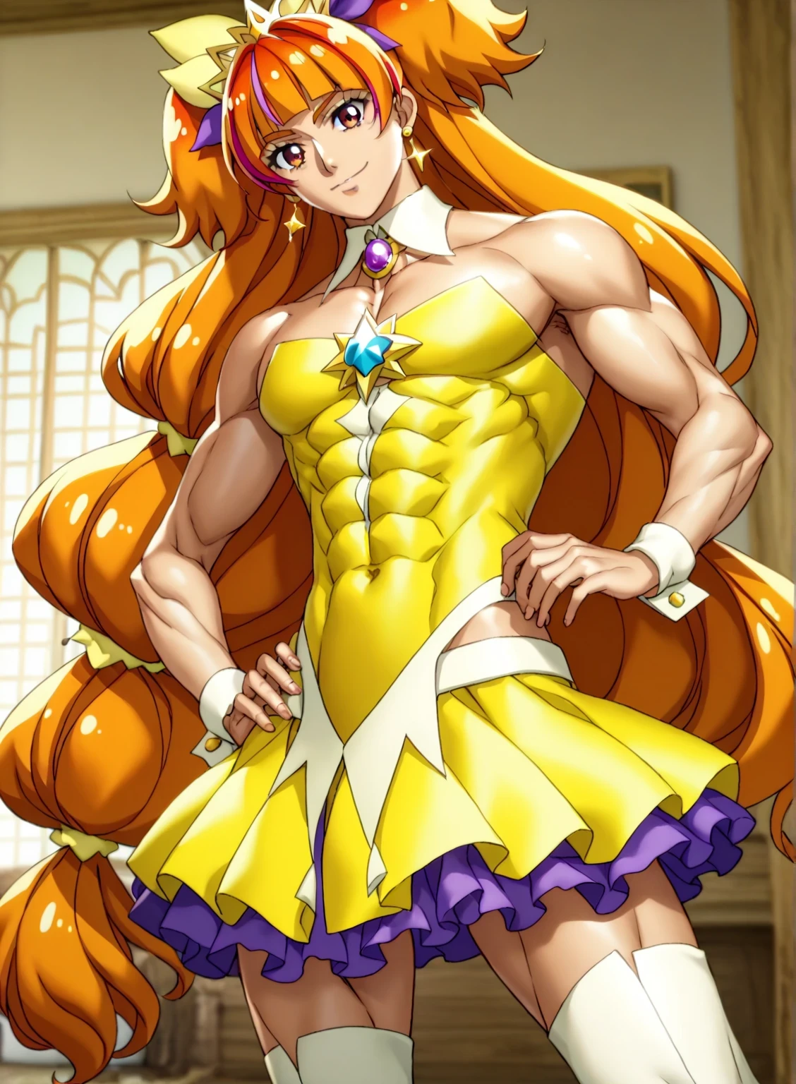 score 9 、score 8 up、score 7 up、masterpiece、TOP QUALITY、high resolution、anime coloring、1boy 、cure twinkle、(male:1.6)、 Cartoon Images of Men Wearing Dresses 、Alone、 long hair、 orange hair 、low tied long hair、multicolored hair、 Hair、two tone hair、streaked hair、blunt bangs、high twin cone hair bun、low two side up hair、 high definition artwork 、 Sparkling Magical Boy 、Official Art、 cool boy、Anime Prince、Official Artワーク、 dress up darling anime 、Orange and Yellow Mini Dress 、isolated、layered skirt、 muscular man、 official anime artwork 、 1024x1024 、purple bow、yellow bow、Jewelry brooch 、 V line around waist 、Bare Arms、むき出しの肩、wrist cuffs、collarbone、covered midriff、covered abs、covered navel、 covered stomach、pectoralis major、biceps、triceps、deltoids、thigh muscles、purple frills under yellow mini skirt、 strapless dress standing in the woods、Maho Boy 、sexy boy、cool boy、adult boy、 white thigh-high boots 、 fanart、cure twinkle costume、 beautiful、Alone focus、looking at viewer、 male focus、cowboy shot、(male body:1.6)、beefcake style、(manly face:1.55)、beefcake taste、