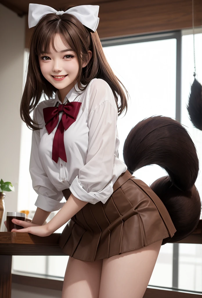 ((Highest quality, 32k)), ((masterpiece)), (Familiar), Perfect Face, Fox Girl, Pretty girl, Office Lady, indoor, Has one tail, She has a northern fox tail, She stretches out her fluffy tail, Beautiful hip line, Thick thighs, She is wearing business pants, Tail to ass, A large tail sticks out, Waving his tail happily, She only has one tail, Smiling Kindly 