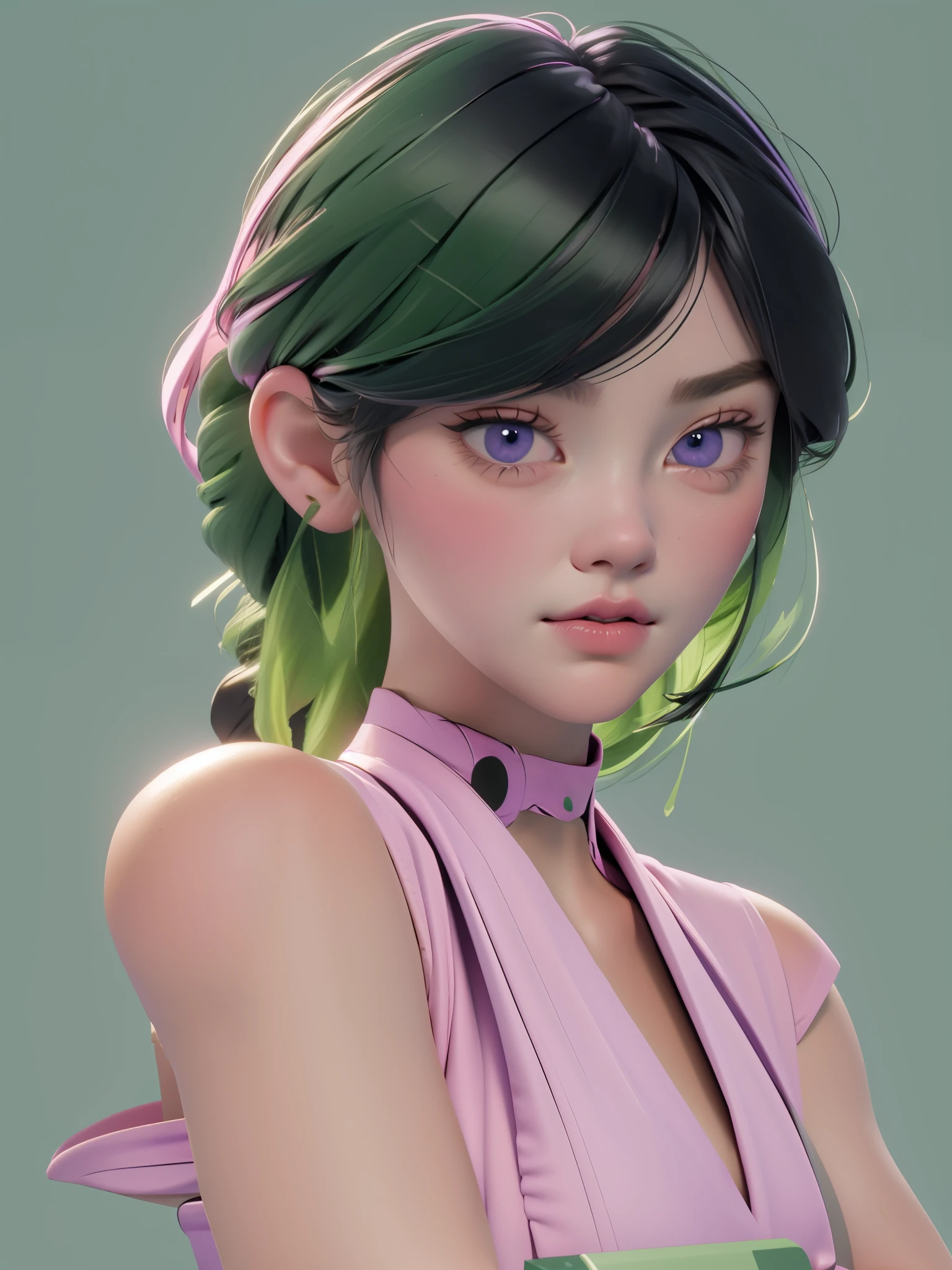 (best quality:1.4),(shiny skin), body focus, (cute face), (((best quality))), illustration, ((Beautiful Finger)), , Beautiful body, Beautiful character design, ,perfect lighting, Colorful, Bright_Front_face_Lighting, ultra high res, highres, absurdres:1.2, bokeh:1.2, lens flare, (vibrant_color:1.2), (Beautiful, medium breasts:1.2), (thick thighs:1.1), THICK,
holding green folder or book, small nose, long black hair with pink hair clip, purple shirt, looking sideways, pink blush on cheeks, large blue eyes, white left eye with black pupil visible