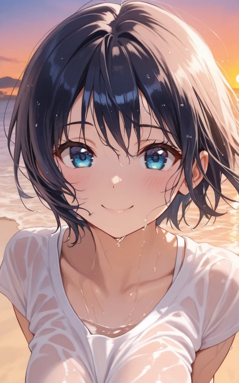 1girl, solo, blue eyes, (detailed eyes), gentle smile on her face flat chest, short hair, black hair, (masterpiece), (best quality), (ultra-detailed), (best illustration), (best shadow), (absurdres), Female, 25 years old, oily, steam, shy, light smile, Under the blue sky and white clouds