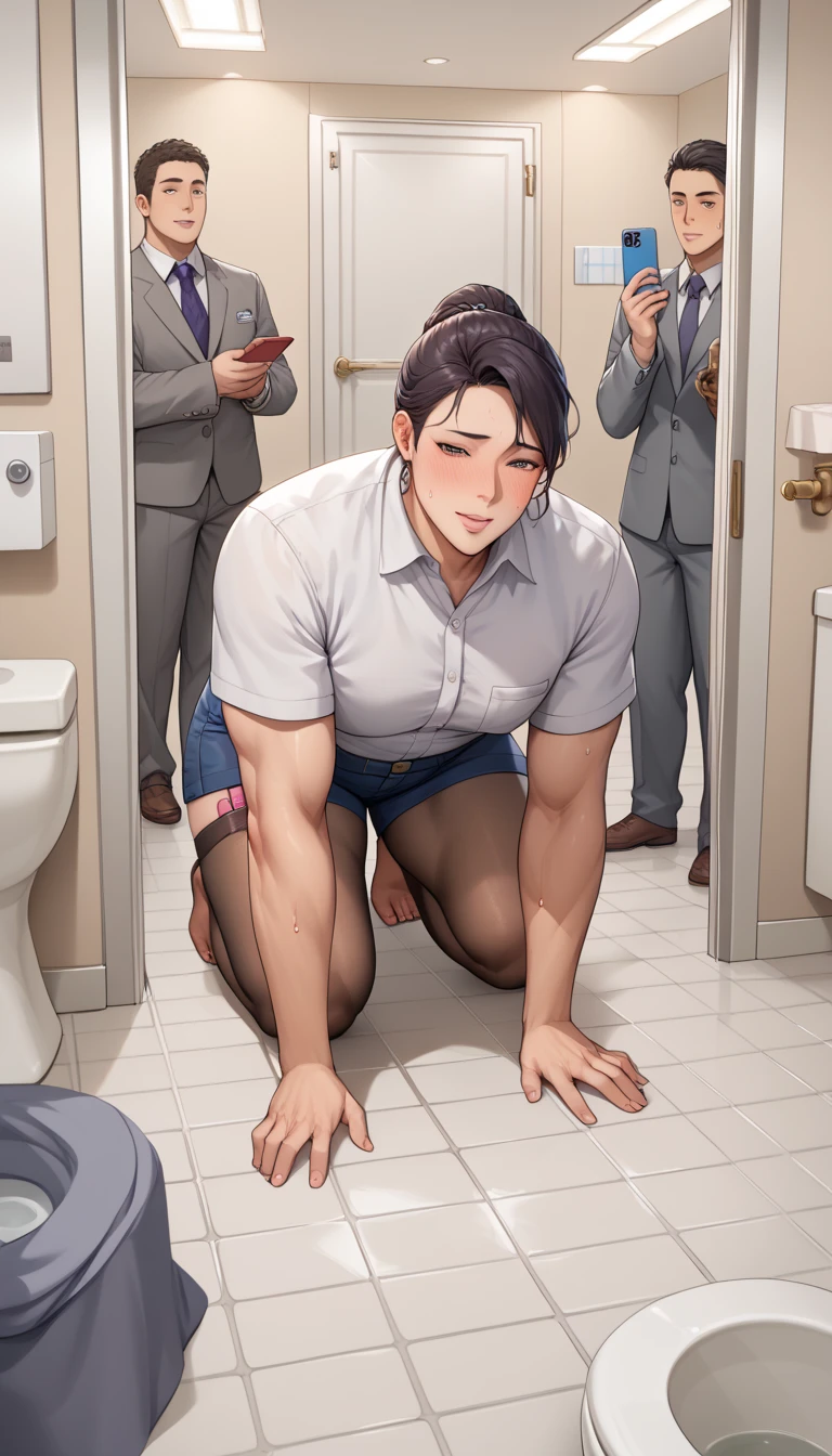 nsfw,,fellatio,sucking a penis,vulgar kneeling pose,crowd,mature modest woman,solo, (black hair),short wavy hair,bukkake,excessive cum,cum dripping,(bukkake on face),patterned skirt,brown blouse,sideshot,at public bathroom,tiled wall,kneeling,plump body,look up,crying,trembling,