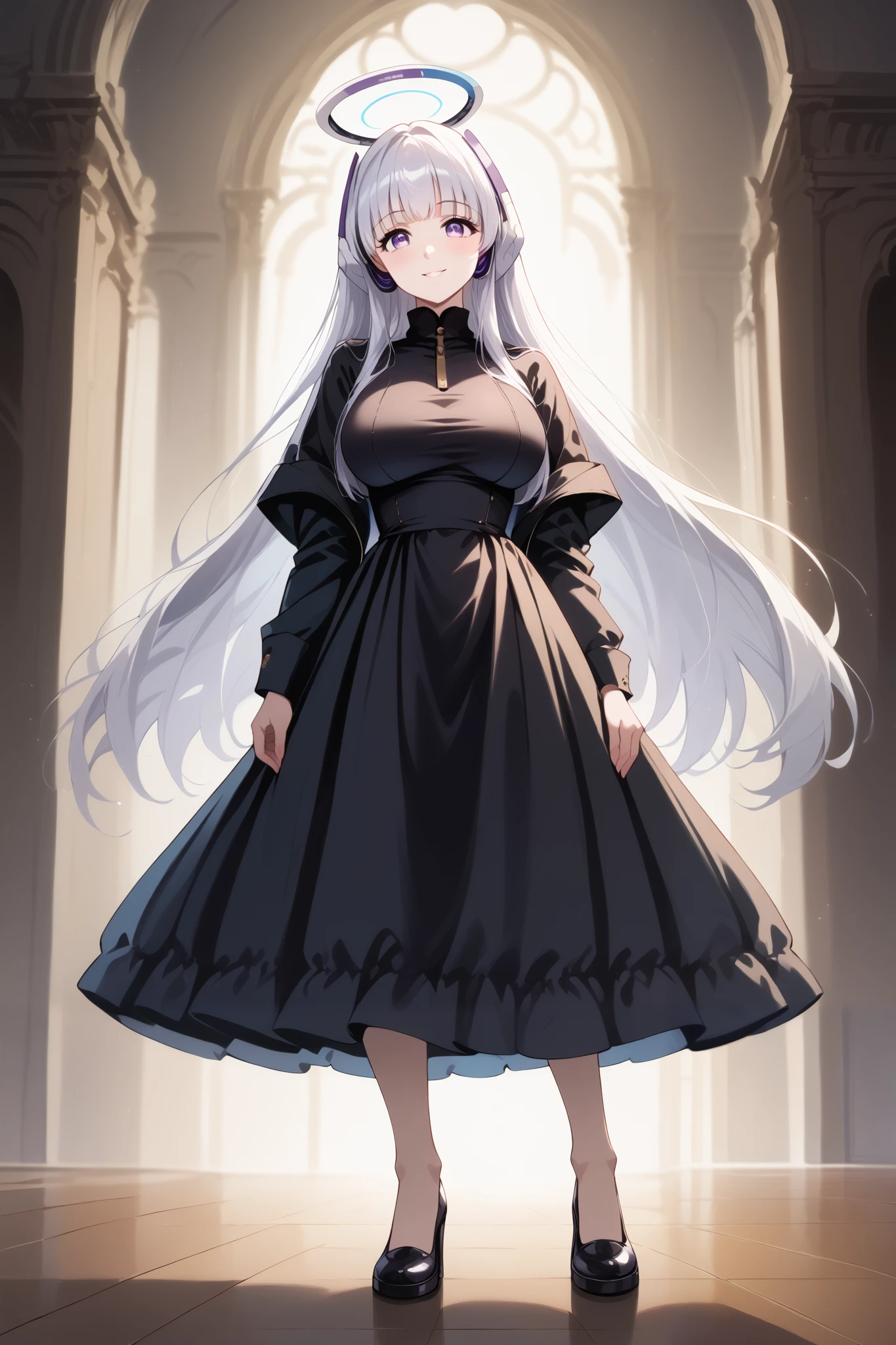 score_9, score_8_up, score_7_up, source_anime, 4K,perfect fingers,(perfect hands, perfect anatomy),prefect lighting, very aesthetic, intricate details,highly detailed background, masterpiece, high quality, best quality,
1girls,solo, noa ushio, purple eyes, grey hair, blunt bangs, long hair, sidelocks, large breasts, mature female, halo, headphones, mechanical halo,
wearing (((long and tight black dress, opening at the bottom)),,
ballroom, full bodyesbian,Standing on the floor,Slim,long leges,Stand up straight,(complete standing pose:1.2), Slim,extra long leg,A sagging breast,