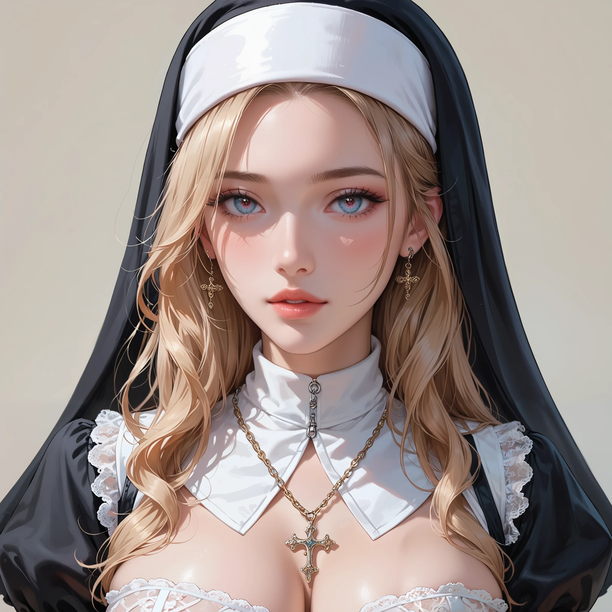 This is a highly detailed, digital illustration of a young woman in a provocative nun costume, created in a hyper-realistic, photorealistic style. The subject is a fair-skinned woman with a pale complexion, long, wavy golden hair peeking out from beneath a black and white nun's habit. She has striking, almond-shaped eyes with a piercing red hue, and full, pouty lips painted a soft pink. Her makeup is dramatic, with heavy eyeliner and mascara, and her cheeks are flushed with a rosy blush. She wears a white, lace-trimmed, black leather corset that accentuates her large breasts, which are prominently displayed. The corset is adorned with intricate lace details and features a large, ornate cross pendant on a chain around her neck. A white headscarf, adorned with a black cross, covers her head but does not completely hide her hair.