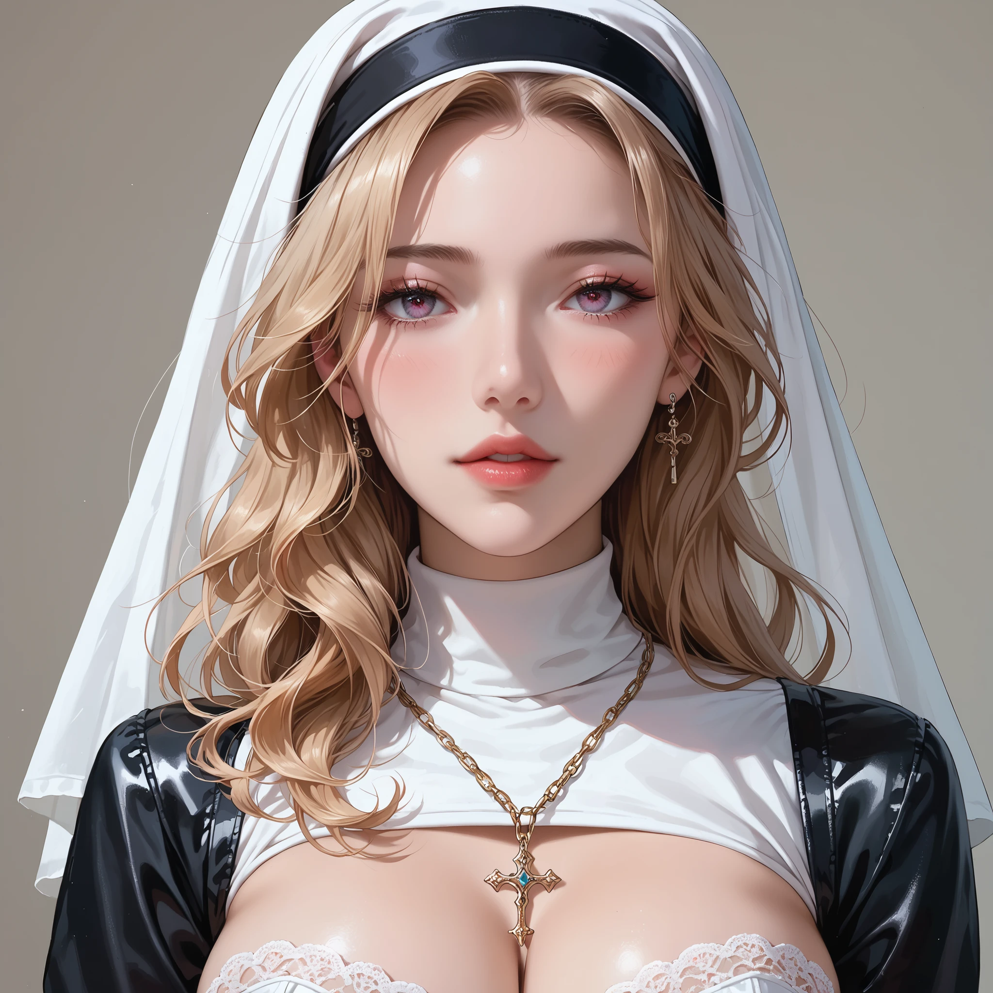 This is a highly detailed, digital illustration of a young woman in a provocative nun costume, created in a hyper-realistic, photorealistic style. The subject is a fair-skinned woman with a pale complexion, long, wavy golden hair peeking out from beneath a black and white nun's habit. She has striking, almond-shaped eyes with a piercing red hue, and full, pouty lips painted a soft pink. Her makeup is dramatic, with heavy eyeliner and mascara, and her cheeks are flushed with a rosy blush. She wears a white, lace-trimmed, black leather corset that accentuates her large breasts, which are prominently displayed. The corset is adorned with intricate lace details and features a large, ornate cross pendant on a chain around her neck. A white headscarf, adorned with a black cross, covers her head but does not completely hide her hair.