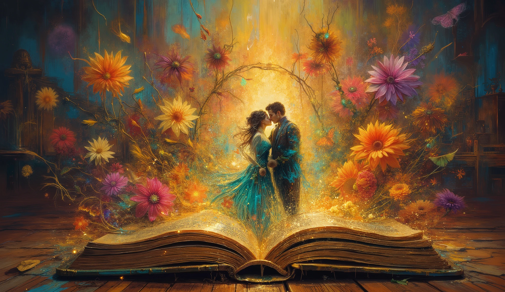 A majestic fairy-tale book, its spine gilded with intricate filigree, lays open upon a dimly lit antique desk. Double exposure reveals glowing spring’s flowers sprawling across the left page, , while summer sunny shimmers on the right,. A spectral echo of a couple kissing in the blurred background, an unseen warmth lingering beyond the present moment. Cinematic lighting with an epic illustrated v3 style, photonic textures weaving abstract art with deco influence, a melancholic yet mesmerizing dreamscape.