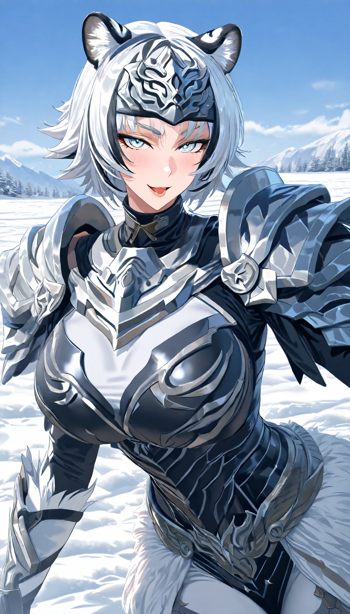A Tiger Female ,Perfect body,Oppai (Black and White hair,short hair, streaked hair),White Tiger Metal Forehead Protector, Blue tiger eyes, Wearing A black striped white tiger metal armor with White tiger fur shoulder armor, Torogao, seductive smile, In A Snowfield, Snowy weather, Snow,UHD, SOLO, anatomically correct, masterpiece, textured skin, high details, highres, 1080P, 16k, accurate, Beautiful face, Perfect face, Highly detailed beautiful face and eyes, Attractive face, Detailed face, Delicate facial features, Detailed skin,Cowboy shot
