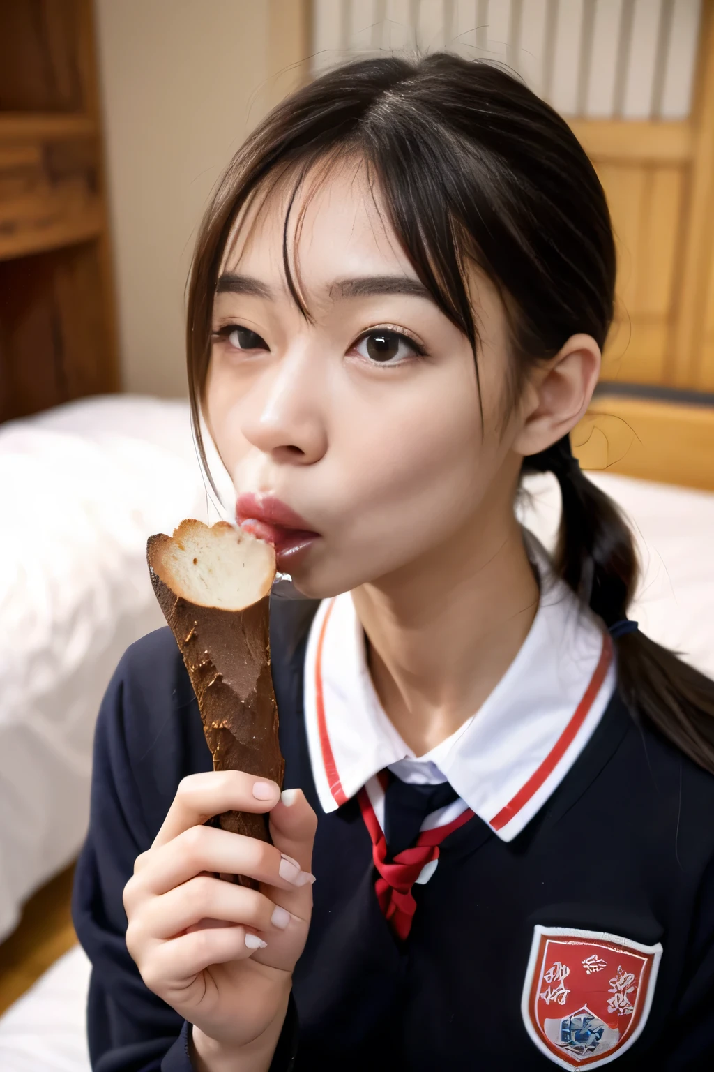 masterpiece, best quality, intricate details, extremely detailed, cinematic lighting, solo, 1girl, a Japanese schoolgirl, White skin, (oral, blowjob, deepthroat, White bread in hand, shovel a long bread into mouth, fully open mouth:1.4), (large breasts, ), dark hair, twintail hair, cute face, extremely detailed face, beautiful detailed eyes, sophisticated nose, pale skin, fine-textured skin, sweaty, shiny skin, photo background, at bed, japnese school uniform, school uniform, japan, jav, deep throat, jk,high school, masterpiece, best quality, intricate details, extremely detailed, cinematic lighting, solo, 1girl, a 16yoanese schoolgirl, White skin, (oral, blowjob, deepthroat, french bread in hand, shovel a big sausage into mouth, fully open mouth:1.4), (large breasts, ), dark hair, twintail hair, cute face, extremely detailed face, beautiful detailed eyes, sophisticated nose, pale skin, fine-textured skin, sweaty, shiny skin, photo background, at bed, japnese school uniform, school uniform, japan, jav, deep throat, jk,high school,(((japnese ))),japnese Young girl, age,japnese beautiful girl,high school girl,(((black hair))),(((school uniform))),(((13 old))chool room,((pigtail hair,hair pin,junior idol,))sucking bread