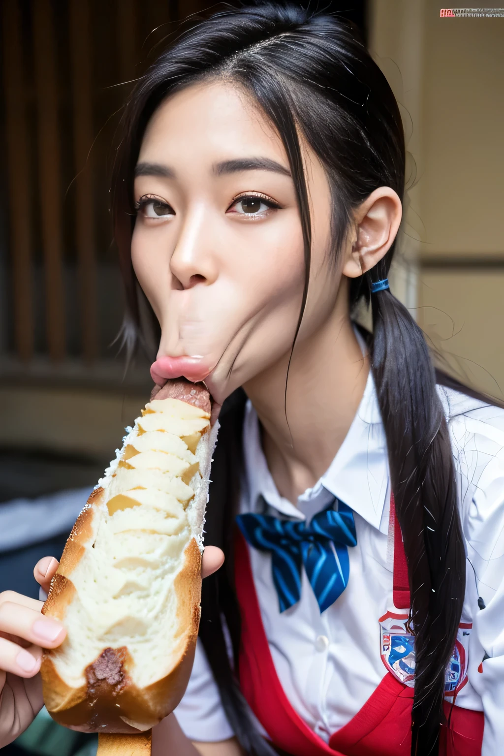 masterpiece, best quality, intricate details, extremely detailed, cinematic lighting, solo, 1girl, a Japanese schoolgirl, White skin, (oral, blowjob, deepthroat, White bread in hand, shovel a long bread into mouth, fully open mouth:1.4), (large breasts, ), dark hair, twintail hair, cute face, extremely detailed face, beautiful detailed eyes, sophisticated nose, pale skin, fine-textured skin, sweaty, shiny skin, photo background, at bed, japnese school uniform, school uniform, japan, jav, deep throat, jk,high school, masterpiece, best quality, intricate details, extremely detailed, cinematic lighting, solo, 1girl, a 16yoanese schoolgirl, White skin, (oral, blowjob, deepthroat, french bread in hand, shovel a big sausage into mouth, fully open mouth:1.4), (large breasts, ), dark hair, twintail hair, cute face, extremely detailed face, beautiful detailed eyes, sophisticated nose, pale skin, fine-textured skin, sweaty, shiny skin, photo background, at bed, japnese school uniform, school uniform, japan, jav, deep throat, jk,high school,(((japnese ))),japnese Young girl, age,japnese beautiful girl,high school girl,(((black hair))),(((school uniform))),(((13 old))chool room,((pigtail hair,hair pin,junior idol,))sucking bread,vacuum sucking