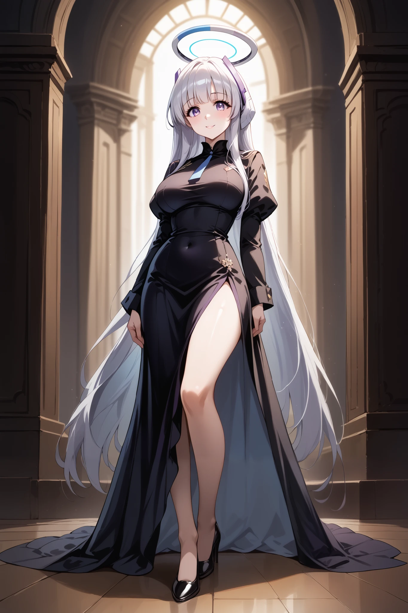 score_9, score_8_up, score_7_up, source_anime, 4K,perfect fingers,(perfect hands, perfect anatomy),prefect lighting, very aesthetic, intricate details,highly detailed background, masterpiece, high quality, best quality,
1girls,solo, noa ushio, purple eyes, grey hair, blunt bangs, long hair, sidelocks, large breasts, mature female, halo, headphones, mechanical halo,
wearing (((long and tight black dress, dress opening at the bottom, black heels)),,
ballroom, full bodyesbian,Standing on the floor,Slim,long leges,Stand up straight,(complete standing pose:1.2), Slim,extra long leg,A sagging breast,arms behind back,