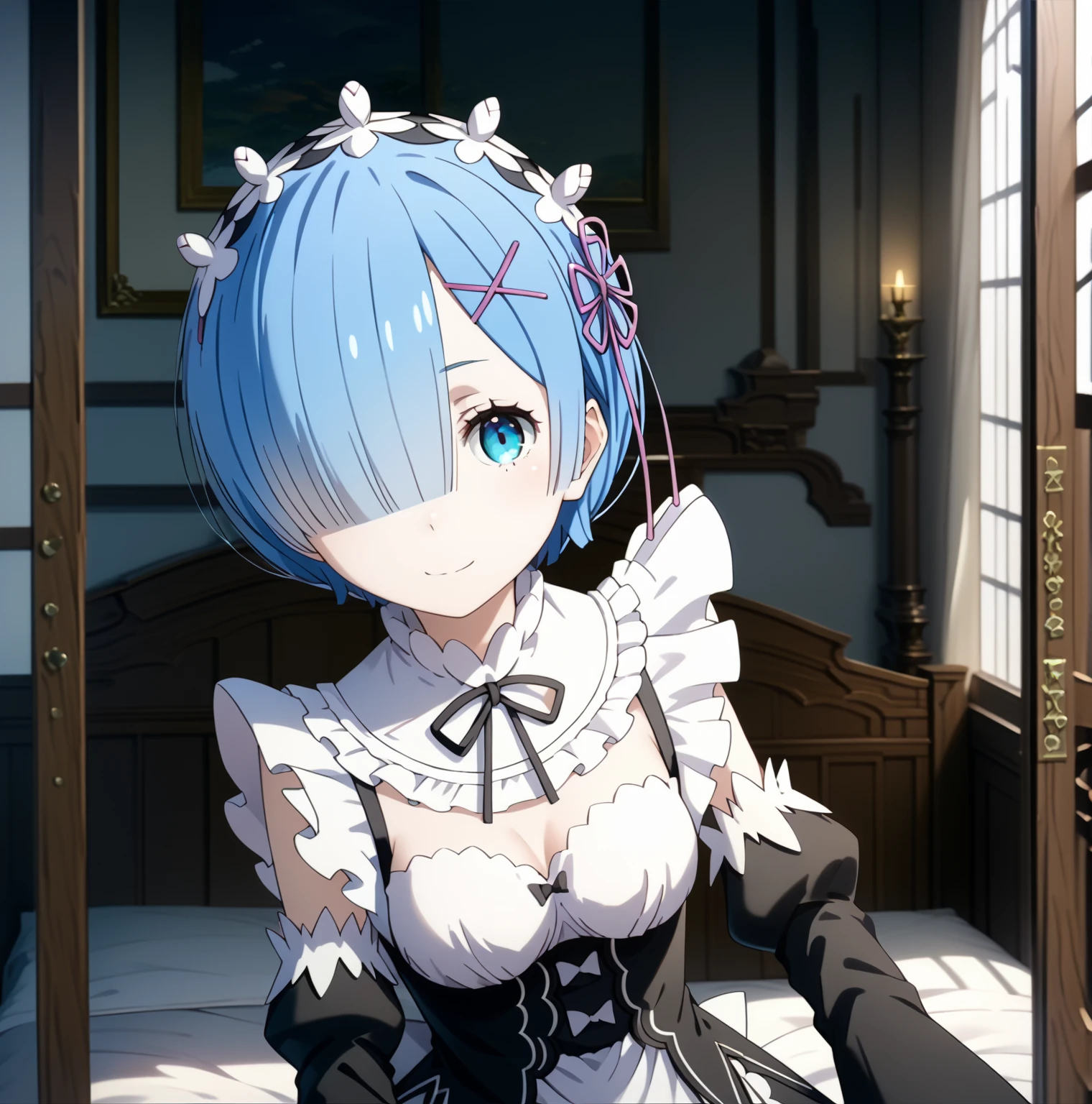 (tmasterpiece:1.6,best qualtiy),(Fine beautiful eyes:1.2),nffsw_Remu,Remuド,1girll,Blue hair,独奏,e Blue Eyes,× Hair Accessories,Maid clothes in Rossvale Mansion,maidennurse,(Dress Lift:1.2),White panties,nefarious smirk,独奏で,