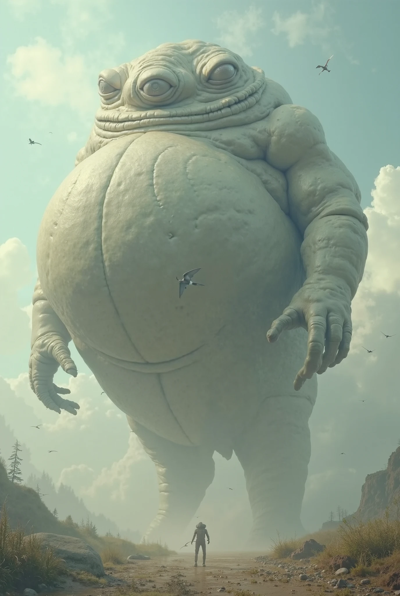 A giant as big as a mountain Looking up from below Huge belly