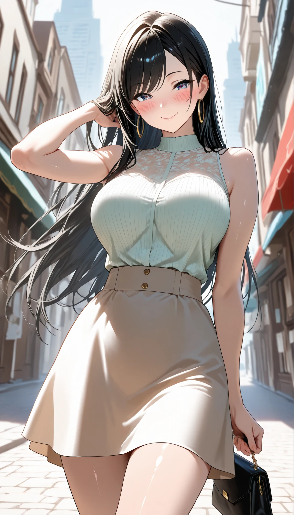 Pull up your hair and drink water a park green tank top see through Skirt pattern similar to Japanese kimono