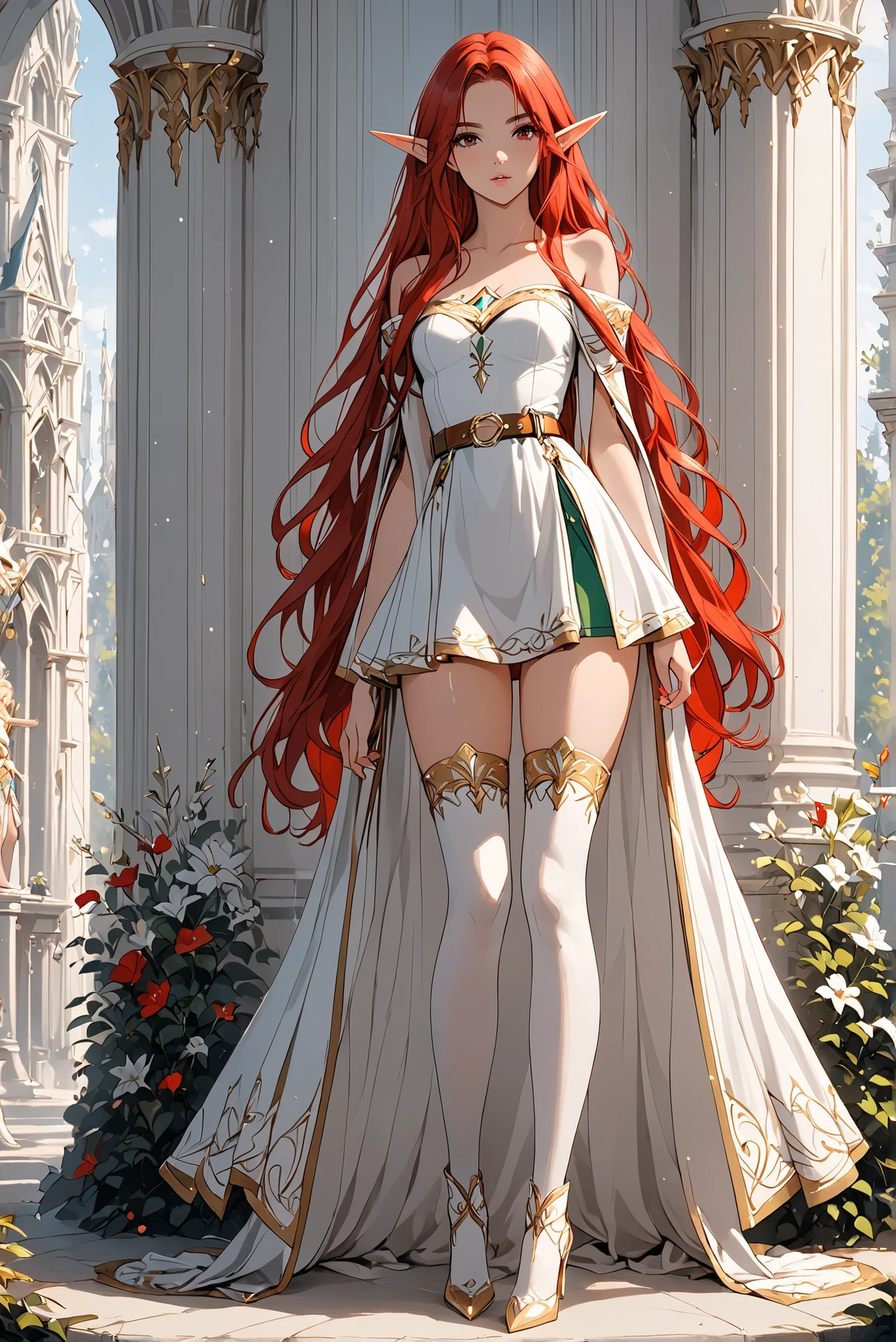 (weapon, spear, holding weapon,, stands,whole body,white high-heeled boots , front view,Standing picture,No Thigh Leaking,white background:1.7),,, masterpiece, Very beautiful, 1 Girl , Beautiful Elves , Long red hair ,,(长Straight Hair,Straight Hair,Phnom Penh white over-the-knee socks,Charming Elf Beautiful, Exquisite Elf Ears, Stunning Red Eyes),off-shoulder dress, white cape, gold belt