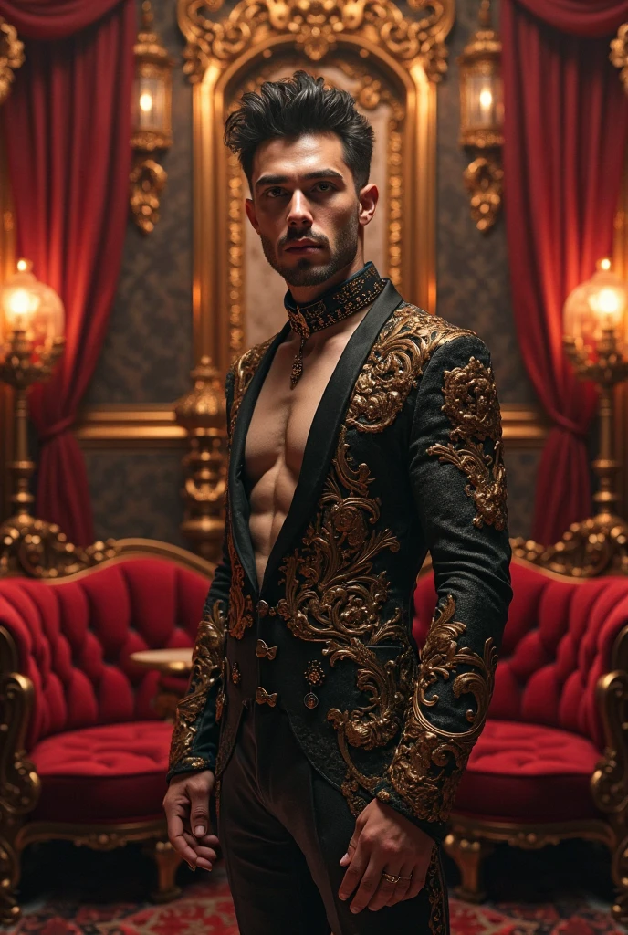 A sexy but inocent looking (man ) sitting on a throne, wearing a red and black night gown , intricate designs ,mediaeval period, gorgeous face, looking at me seductively, crisp and clear photo, nsfw, homoerotic , posing , homoerotic nsfw , penis