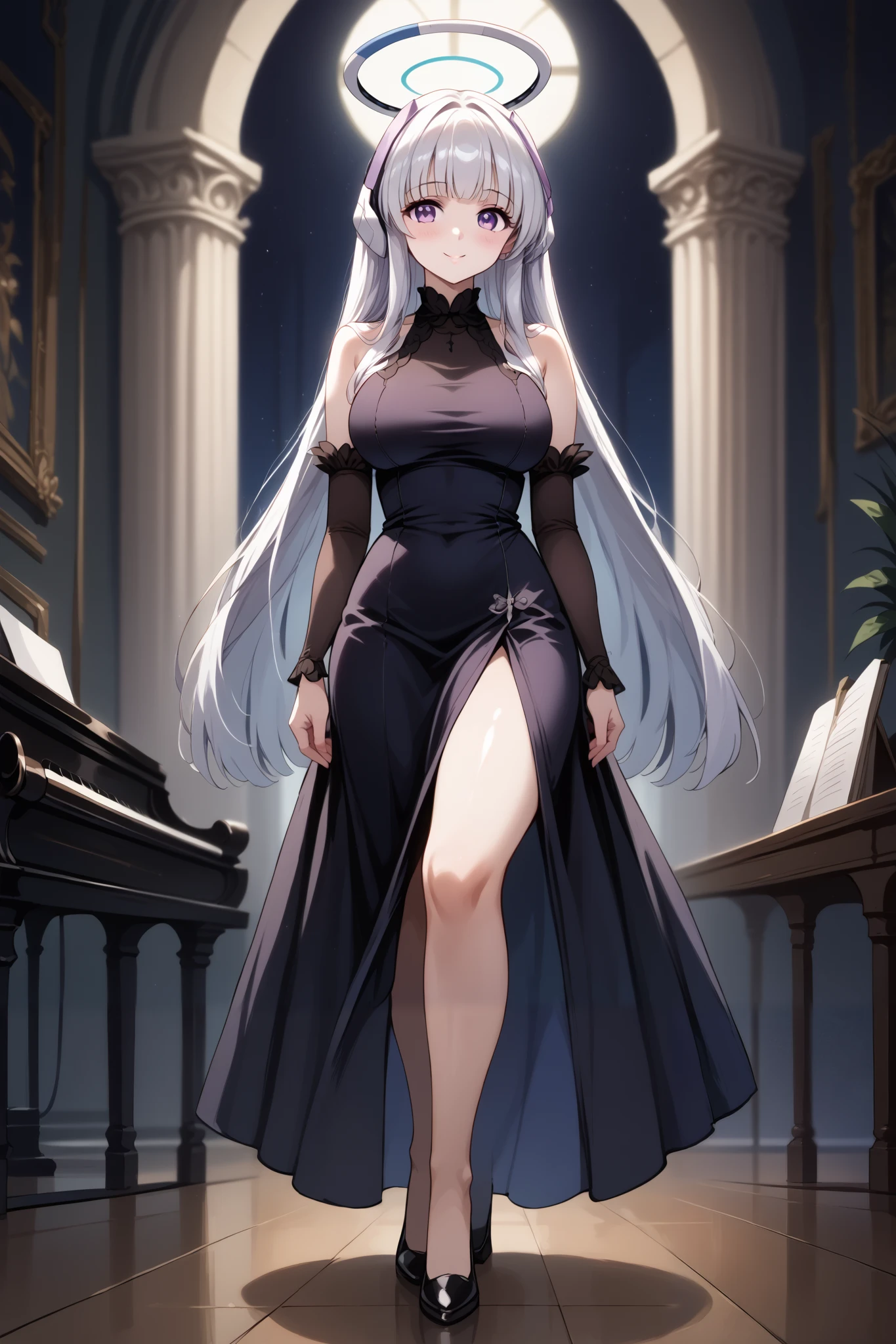 score_9, score_8_up, score_7_up, source_anime, 4K,perfect fingers,(perfect hands, perfect anatomy),prefect lighting, very aesthetic, intricate details,highly detailed background, masterpiece, high quality, best quality,
1girls,solo, noa ushio, purple eyes, grey hair, blunt bangs, long hair, sidelocks, large breasts, mature female, halo, headphones, mechanical halo,
wearing (((long and tight black dress, dress opening at the bottom, dress sleeveless ,black heels)),,
ballroom, full bodyesbian,Standing on the floor,Slim,long leges,Stand up straight,(complete standing pose:1.2), Slim,extra long leg,A sagging breast,((arms behind back:1.5)),