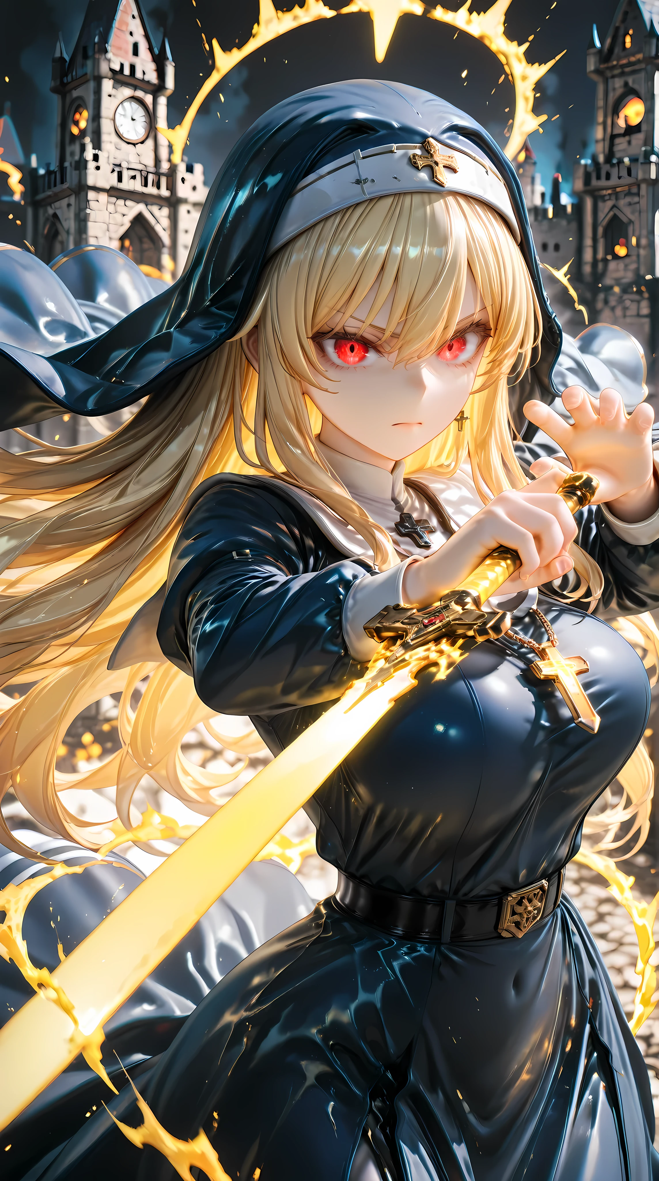 solo, 1girl, aiming a Longsword at viewer, (glowing yellow sword, aura:1.3), fighting stance,
BREAK 1girl, nun, long dress, (navy:1.3) dress, glowing red eyes, long blonde hair, serious,
BREAK night, dark background, castle,
BREAK diffraction spikes, depth of field, dynamic angle, (Luminescent sword effects:1.2), cinematic shadow, upper body,
BREAK 3D, (masterpiece, super fine illustration, highly detailed), best quality, expressive eyes, perfect face, perfect weapon,