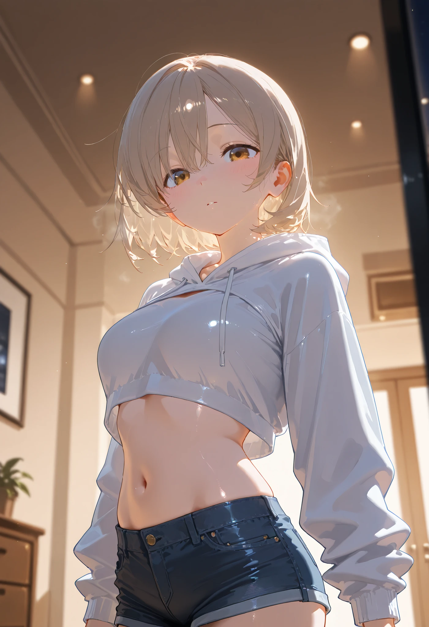 masterpiece:1.2, 8k resolution, ultra-detailed, highly detailed, detailed texture:1.4, cinematic lighting,cool lighting:1.5, atmospheric depth, cinematic framing, balanced lighting, vivid fabric detail, glossy skin:1.3, ultra glossy fabric:1.3, cowboy shot:1.7, Eye-level angle,neutral framing, detailed face composition, emphasis on face, glistening eyes:1.3,Mature physique, alone, round eyes , slightly lowered eyes, light brown eyes , vibrant eyes, Sharp facial features:1.4, soft jawline,naturally disheveled wave short hair, Light Brown Hair ,medium breasts:1.3, slim body,pale skin,tempting expression, blush,white cropped hoodie, HOT PANTS,living room background,night, Detailed Background
