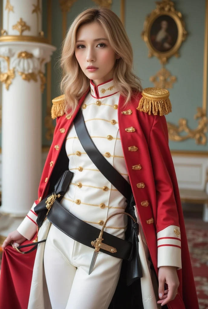 Model and background intact, woman in uniform, beautiful androgynous prince, a delicate androgynous prince, Portrait of a magical blonde prince, Tough long curly hair, red and white uniform, Versaille palace, ceremonial knife,