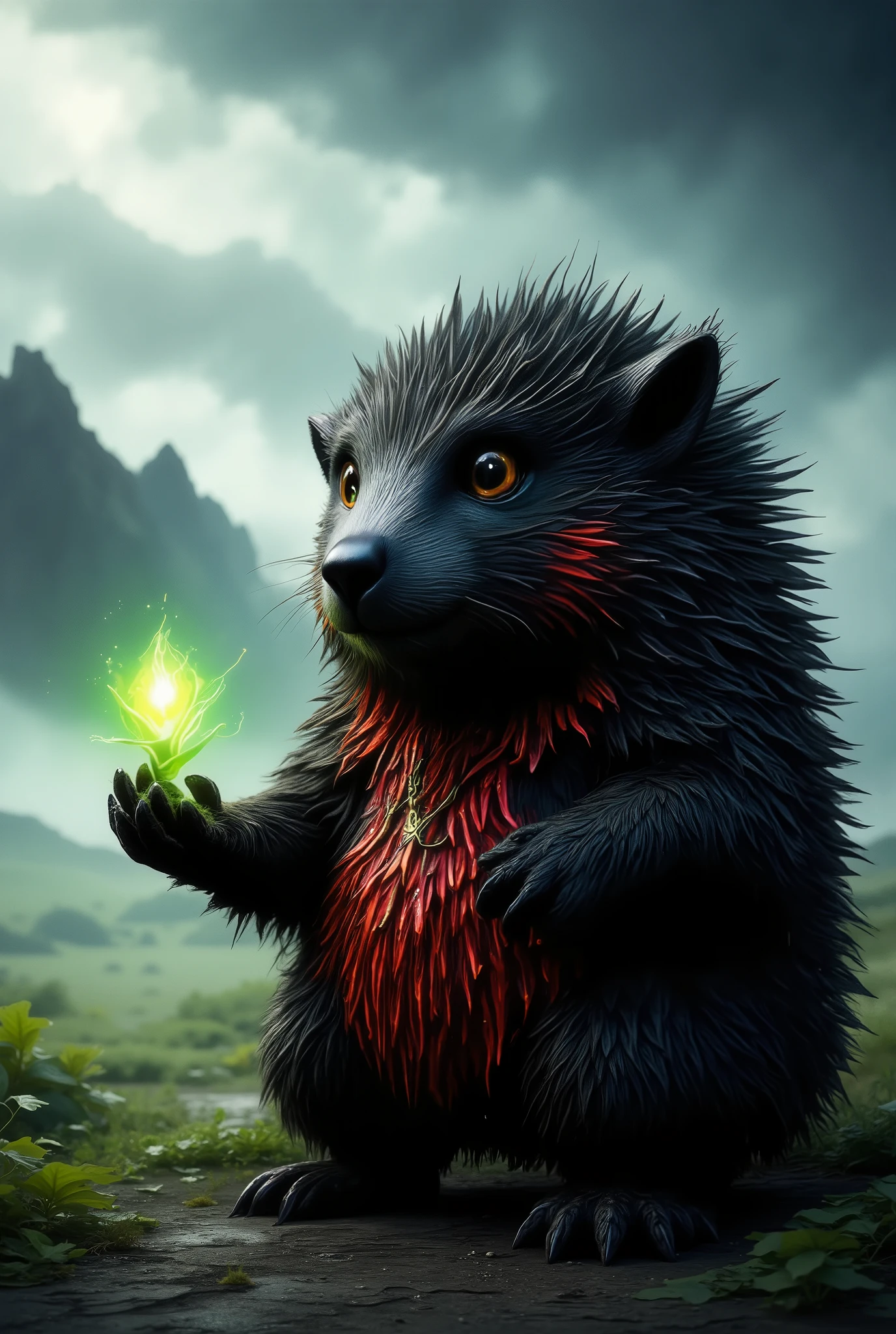 Beautiful Mystical Creature, looks like a Hedgehog with beautiful black and red stripes, big paws, Holding a Water Lily in his hand in a glowing greenish-gold color, Beautiful Cloudy Background with a detailed field, fantasy style, Masterpiece , a maximum of details , best quality, maximum quality, 8 k, Wonderful, Fantasy, Arts,