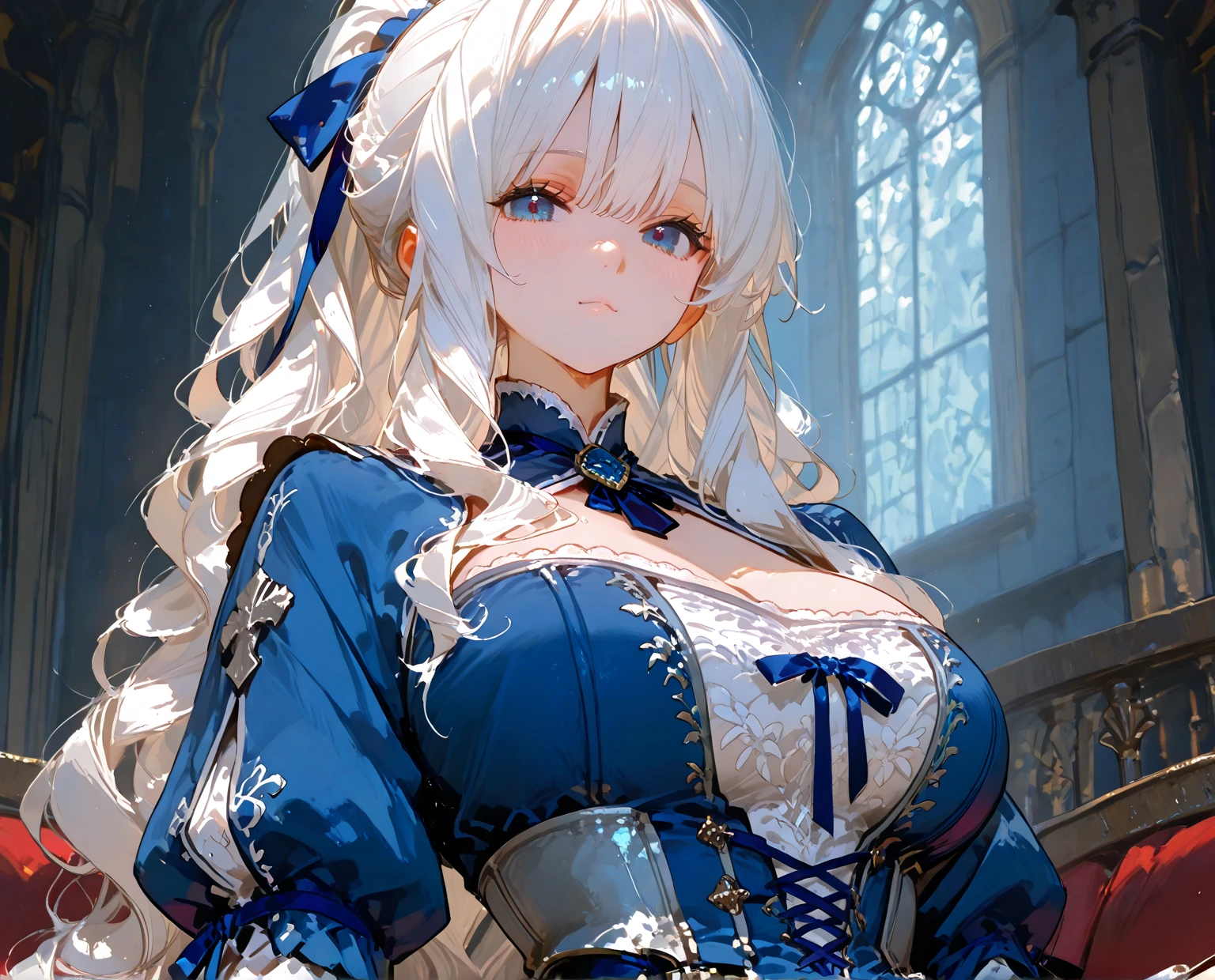 Girl, long white hair, wavy hair, blue eyes, large breasts, blue medieval dress, concept art, cute face, ponytail, blue ribbon in her hair, looking at viewer